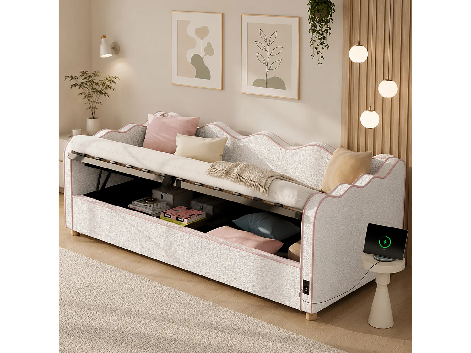 Divano letto con contenitore imbottito 90x200 cm - con porta USB e schienale - Tessuto in velluto bouclé - Beige (Materasso non incluso)
