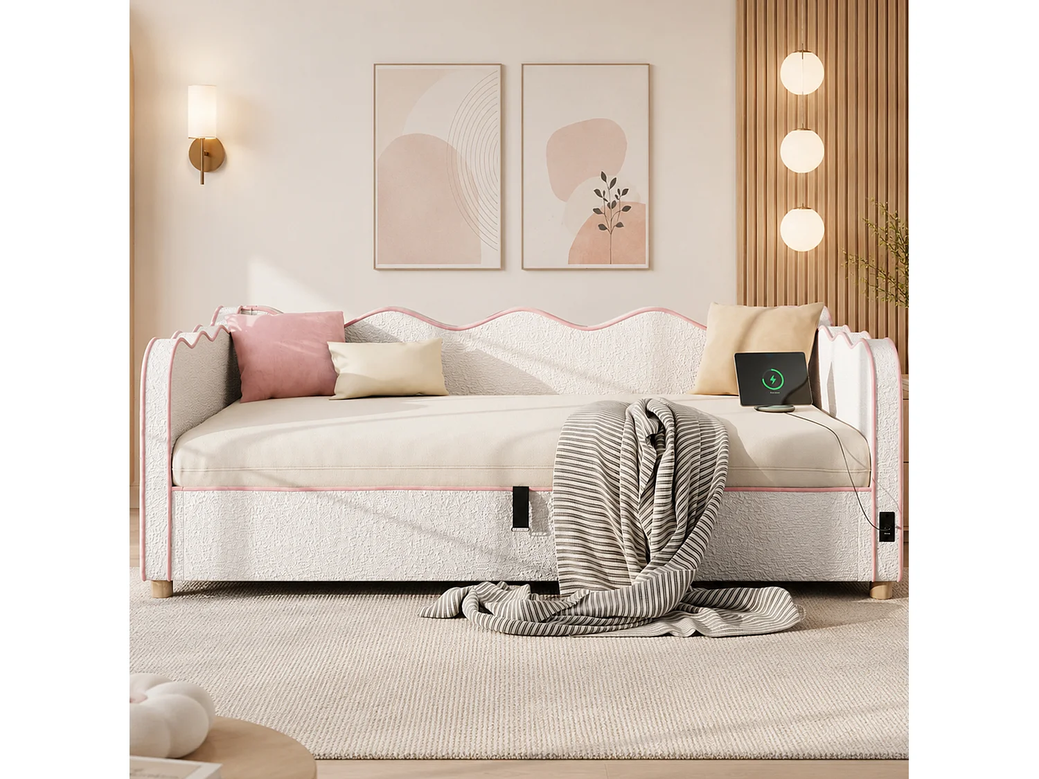 Divano letto con contenitore imbottito 90x200 cm - con porta USB e schienale - Tessuto in velluto bouclé - Beige (Materasso non incluso)