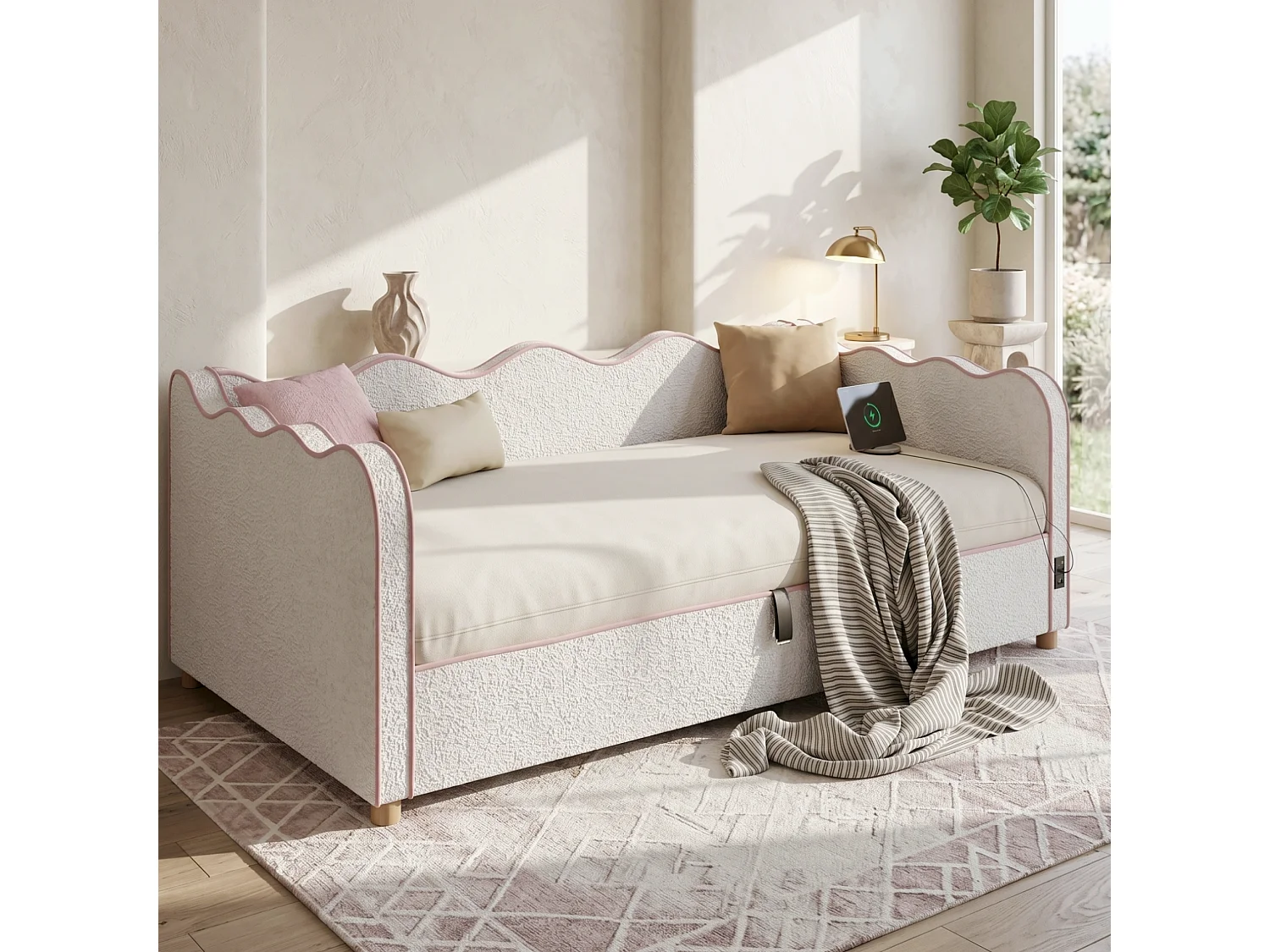 Divano letto con contenitore imbottito 90x200 cm - con porta USB e schienale - Tessuto in velluto bouclé - Beige (Materasso non incluso)