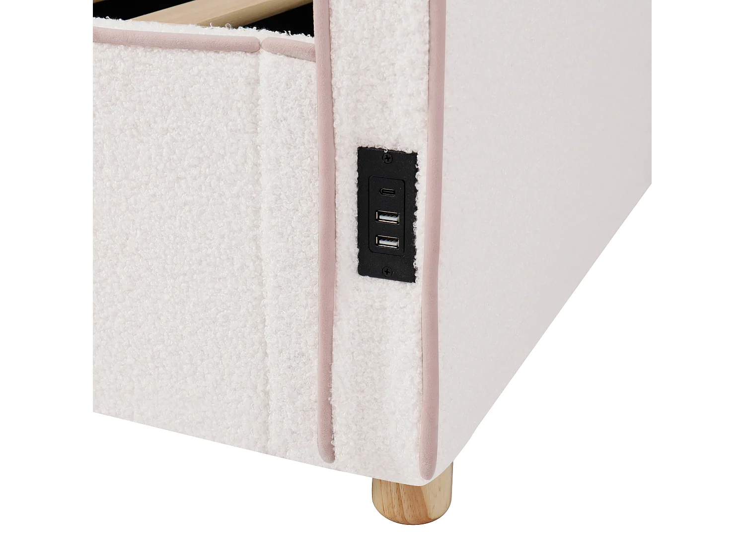 Divano letto con contenitore imbottito 90x200 cm - con porta USB e schienale - Tessuto in velluto bouclé - Beige (Materasso non incluso)