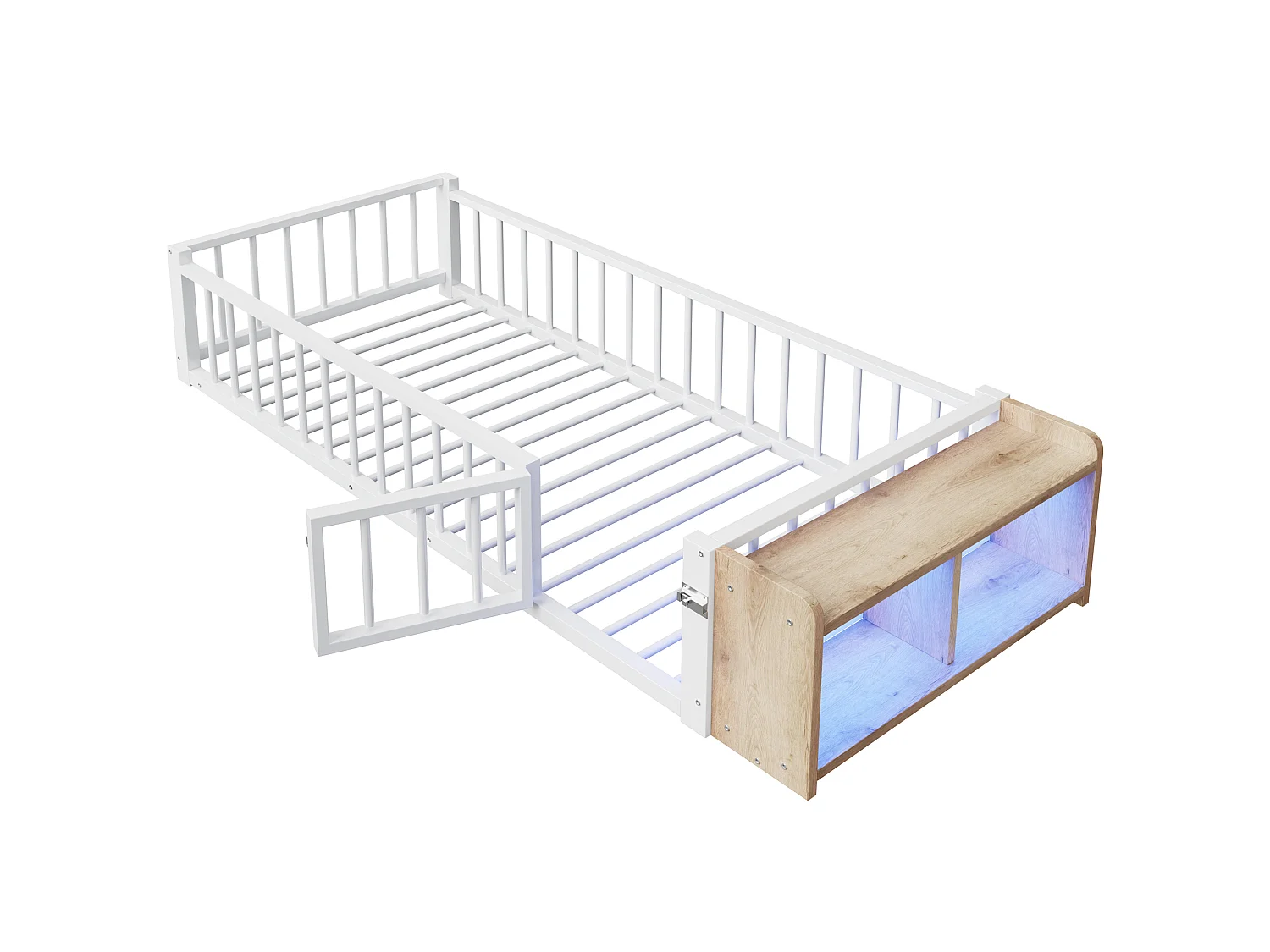 Lit enfant en métal 90 x 200 cm avec rangement et LED - Blanc