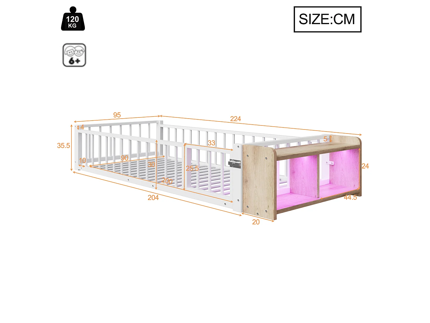 Lit enfant en métal 90 x 200 cm avec rangement et LED - Blanc