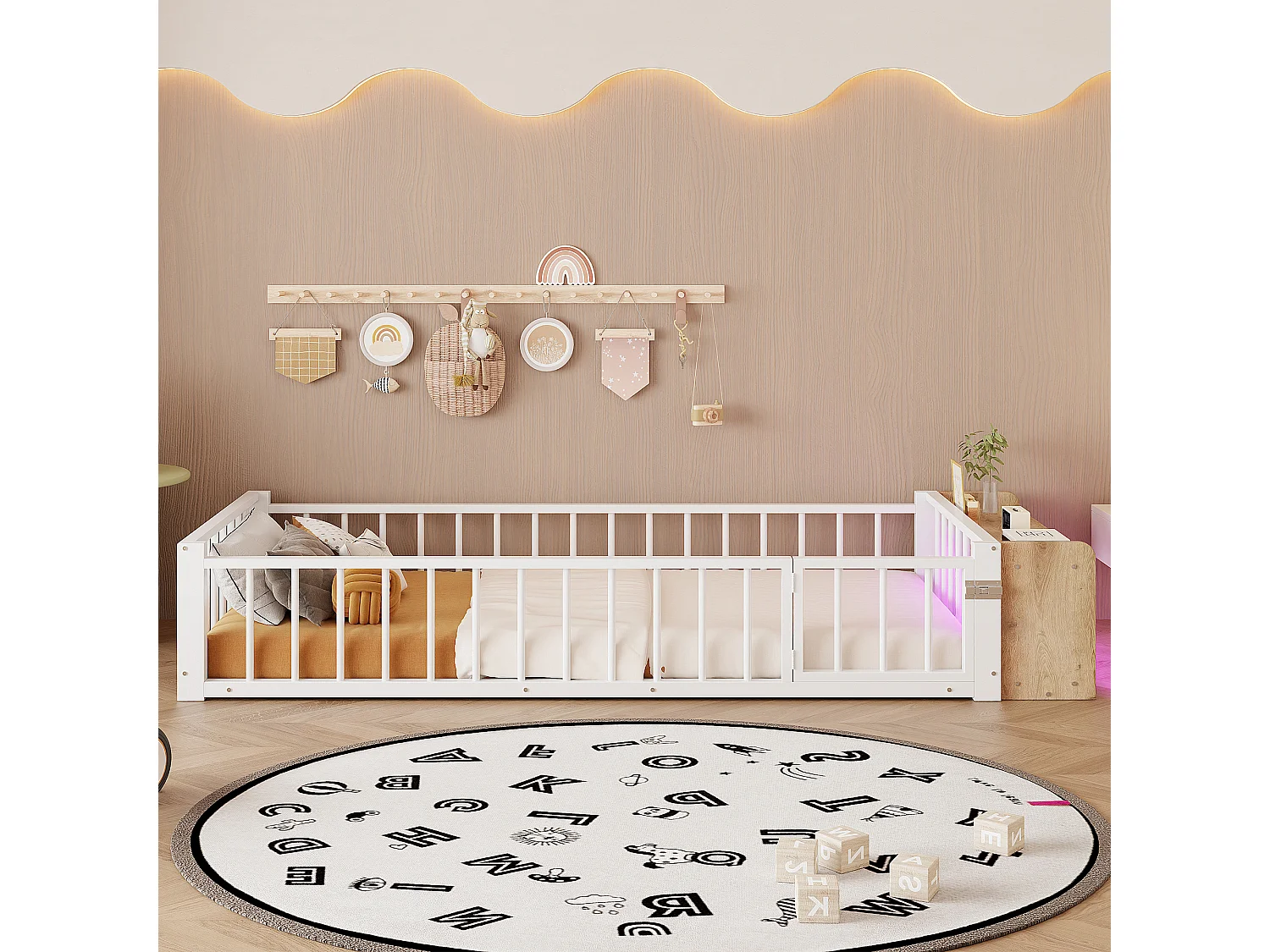 Lit enfant en métal 90 x 200 cm avec rangement et LED - Blanc