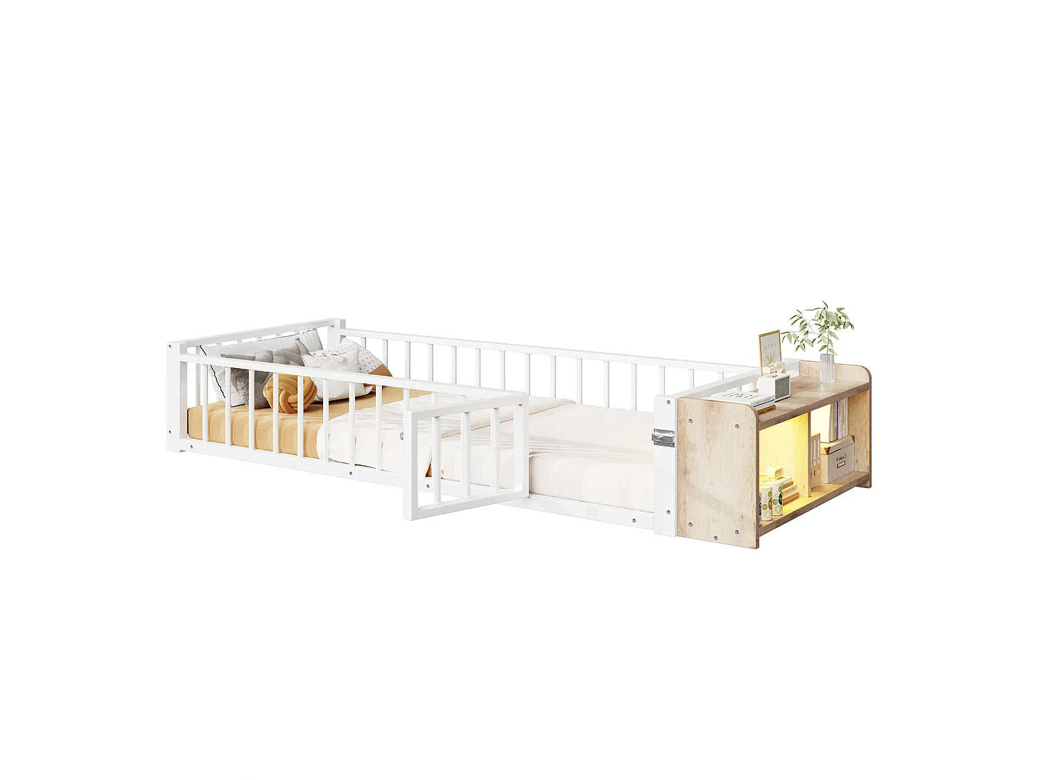 Lit enfant en métal 90 x 200 cm avec rangement et LED - Blanc