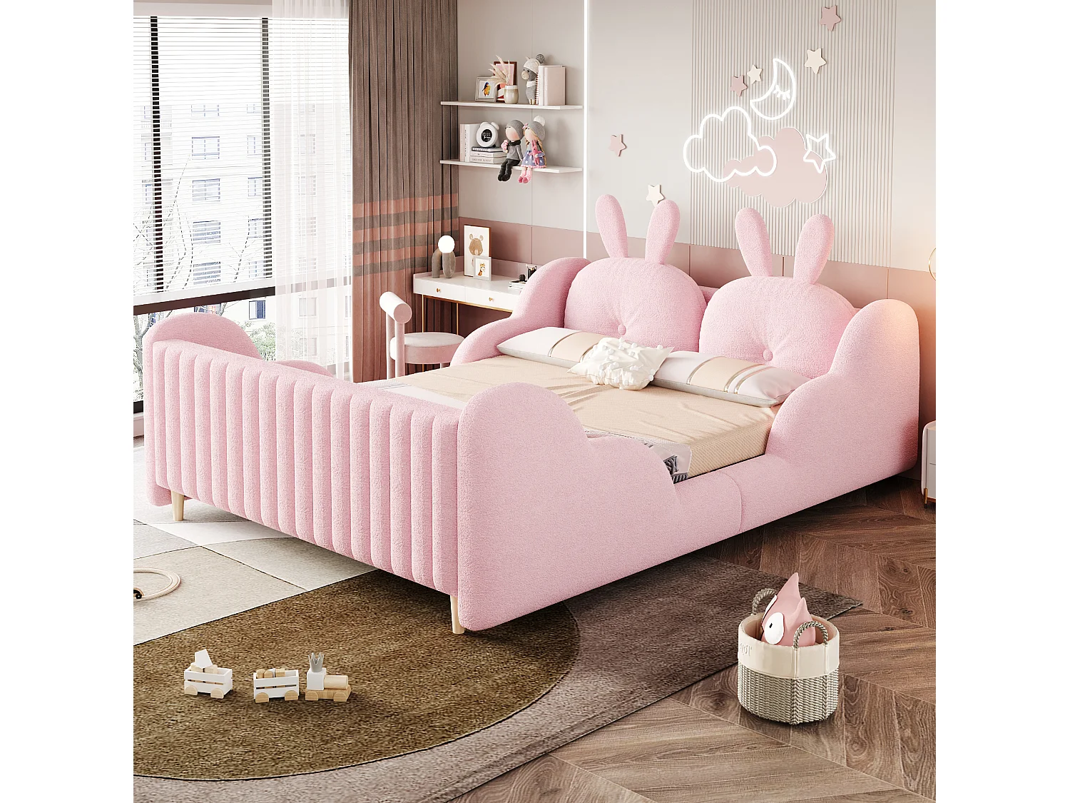 Lit enfant capitonné 140 x 200 cm - avec coussins en forme de lapin - avec barrières latérales - blanc (matelas non inclus)