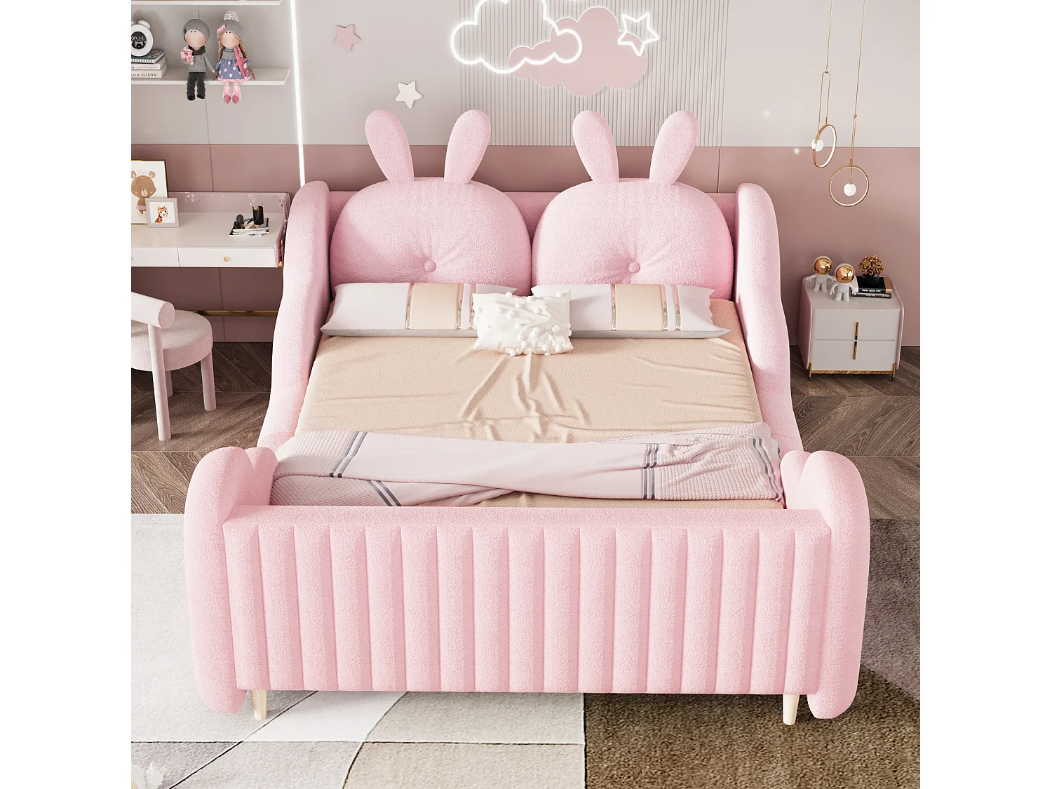 Lit enfant capitonné 140 x 200 cm - avec coussins en forme de lapin - avec barrières latérales - blanc (matelas non inclus)