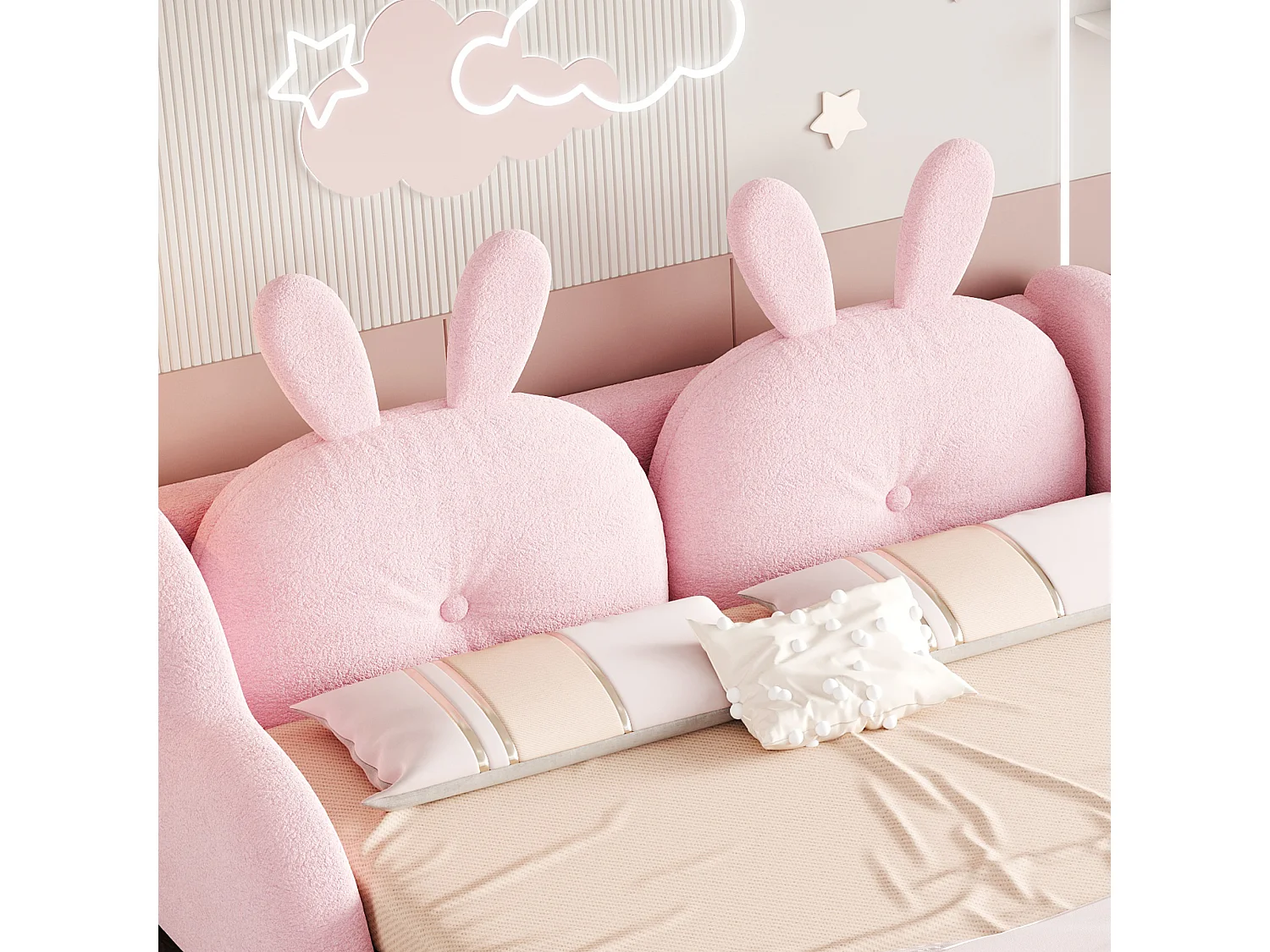 Lit enfant capitonné 140 x 200 cm - avec coussins en forme de lapin - avec barrières latérales - blanc (matelas non inclus)