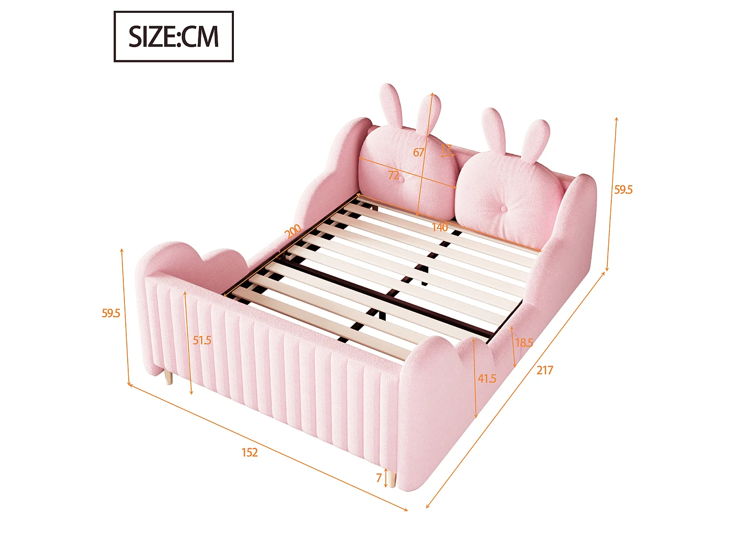 Lit enfant capitonné 140 x 200 cm - avec coussins en forme de lapin - avec barrières latérales - blanc (matelas non inclus)