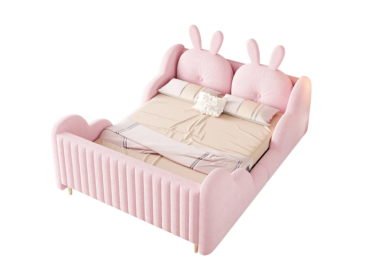 Lit enfant capitonné 140 x 200 cm - avec coussins en forme de lapin - avec barrières latérales - blanc (matelas non inclus)