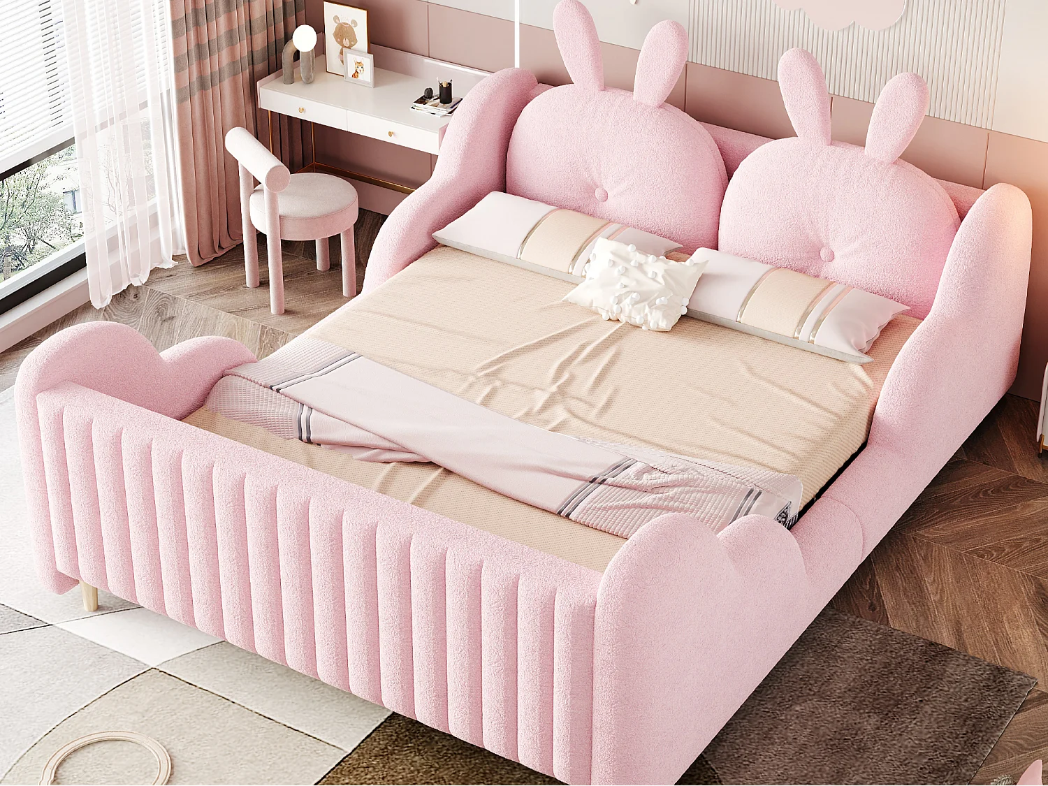 Lit enfant capitonné 140 x 200 cm - avec coussins en forme de lapin - avec barrières latérales - blanc (matelas non inclus)