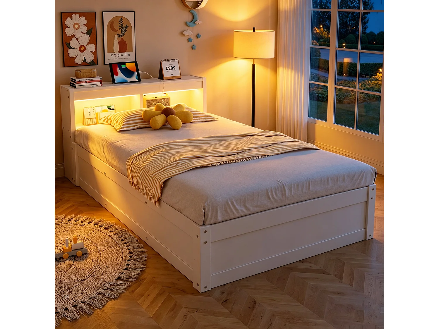 Schlafsofa mit Stauraum 90 x 200 cm - mit Steckdose - mehrere Aufbewahrungsfächer - mit LED - Weiß (Matratze nicht enthalten)
