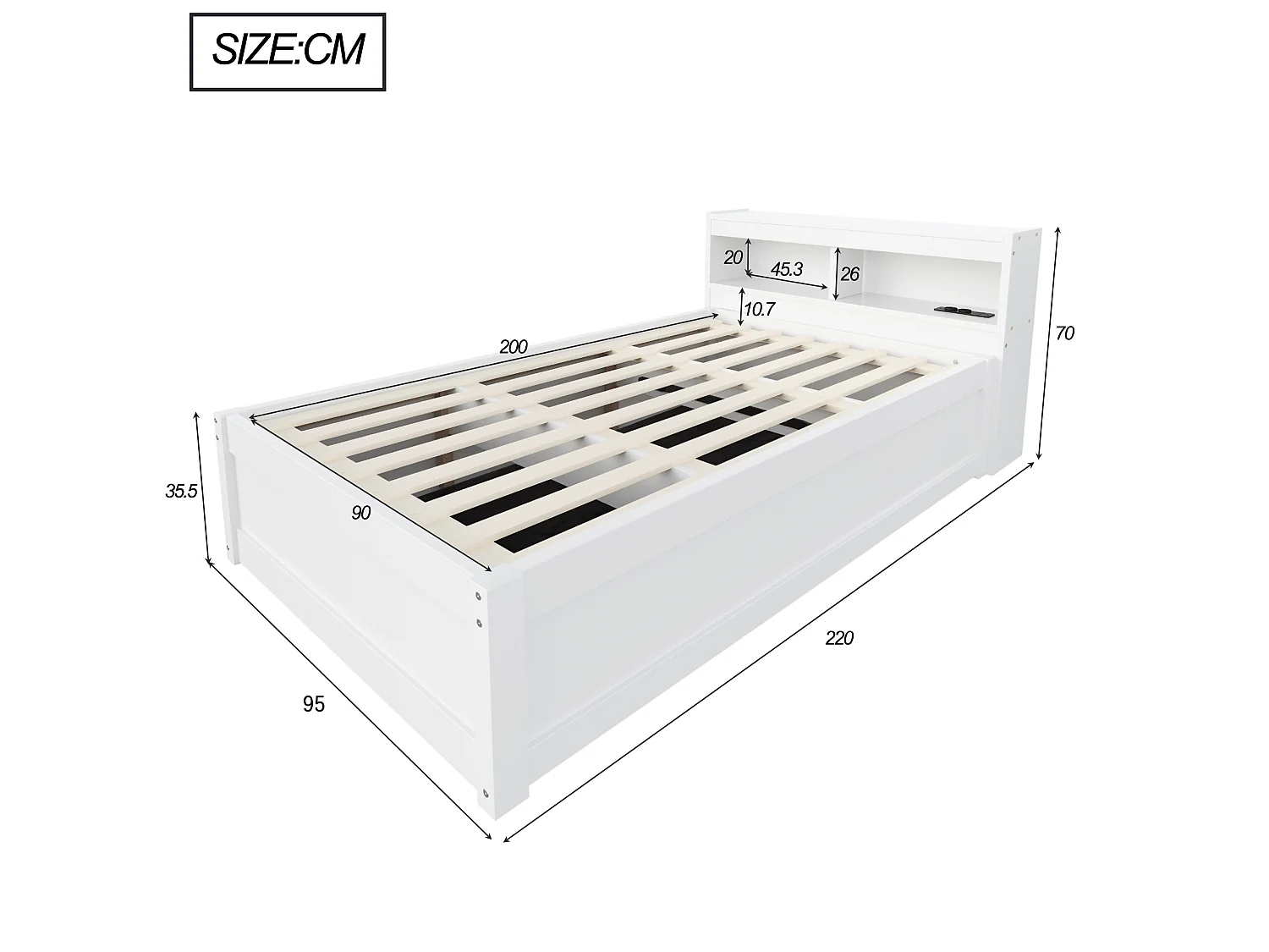 Schlafsofa mit Stauraum 90 x 200 cm - mit Steckdose - mehrere Aufbewahrungsfächer - mit LED - Weiß (Matratze nicht enthalten)