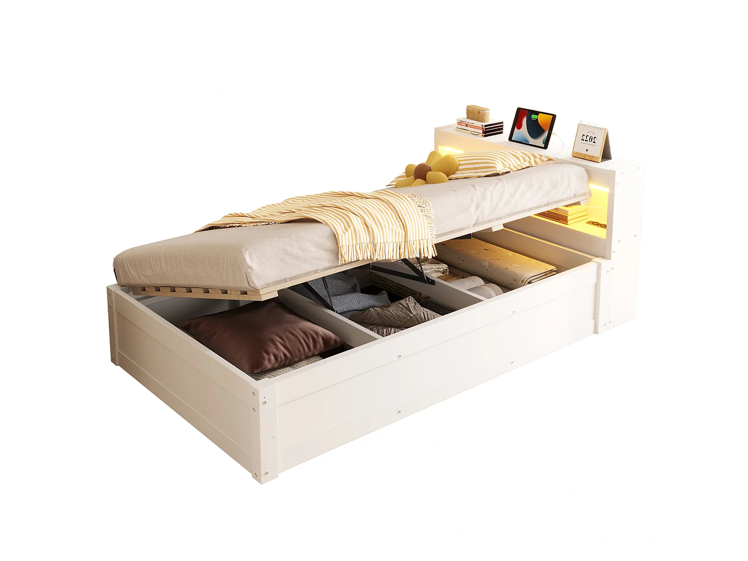 Schlafsofa mit Stauraum 90 x 200 cm - mit Steckdose - mehrere Aufbewahrungsfächer - mit LED - Weiß (Matratze nicht enthalten)