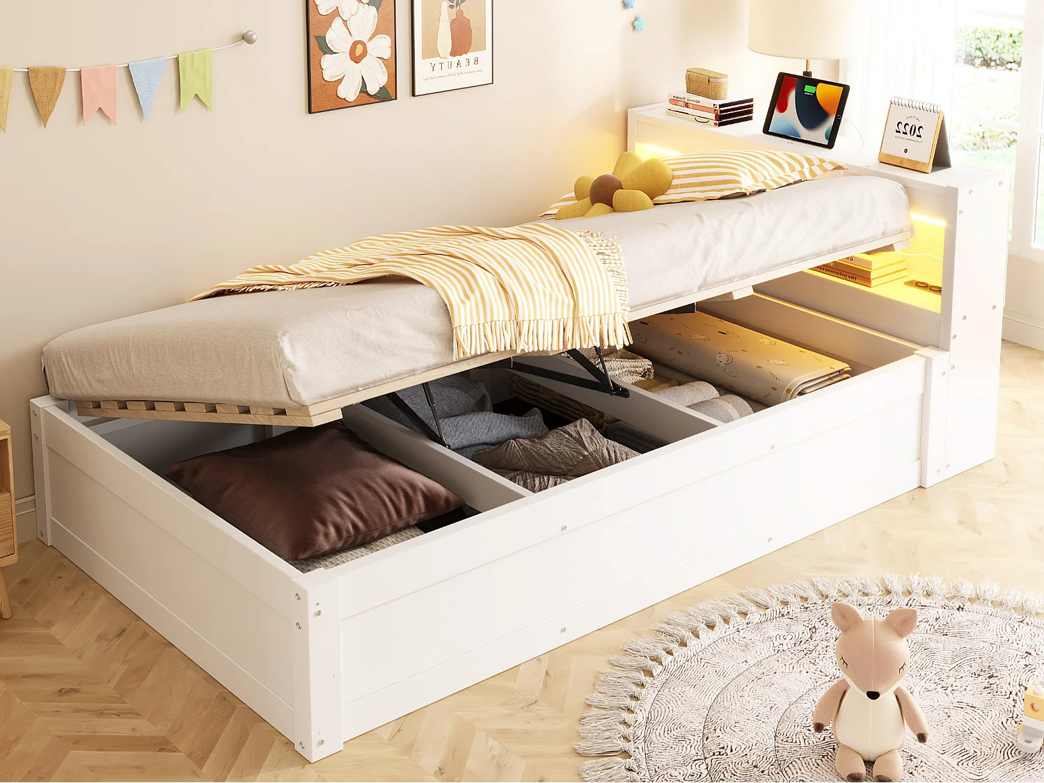 Schlafsofa mit Stauraum 90 x 200 cm - mit Steckdose - mehrere Aufbewahrungsfächer - mit LED - Weiß (Matratze nicht enthalten)