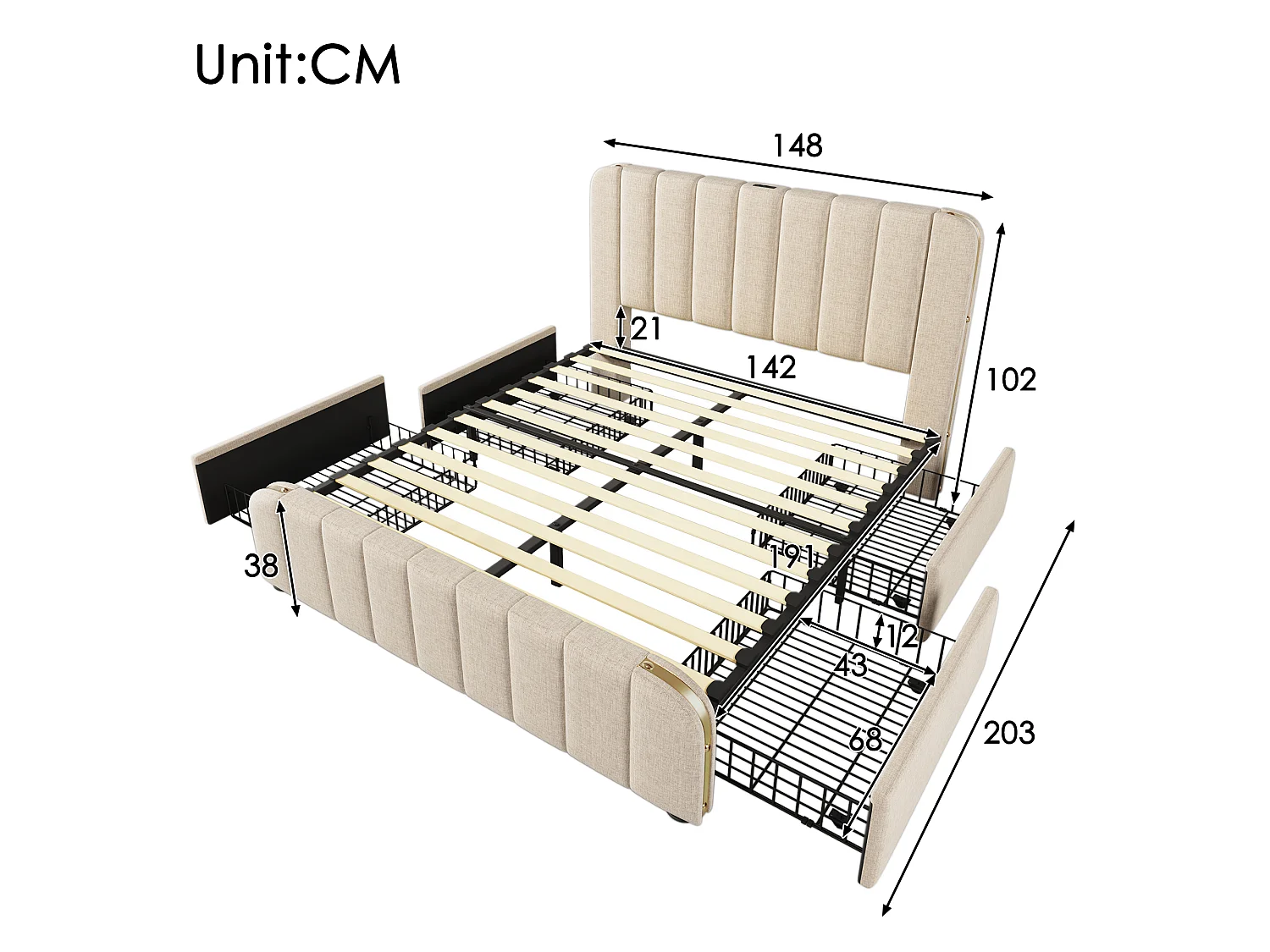 Lit avec tiroirs 140x190cm en tissu lin - avec recharge USB & Type-C - décoré de bandes dorées - Beige (sans matelas)