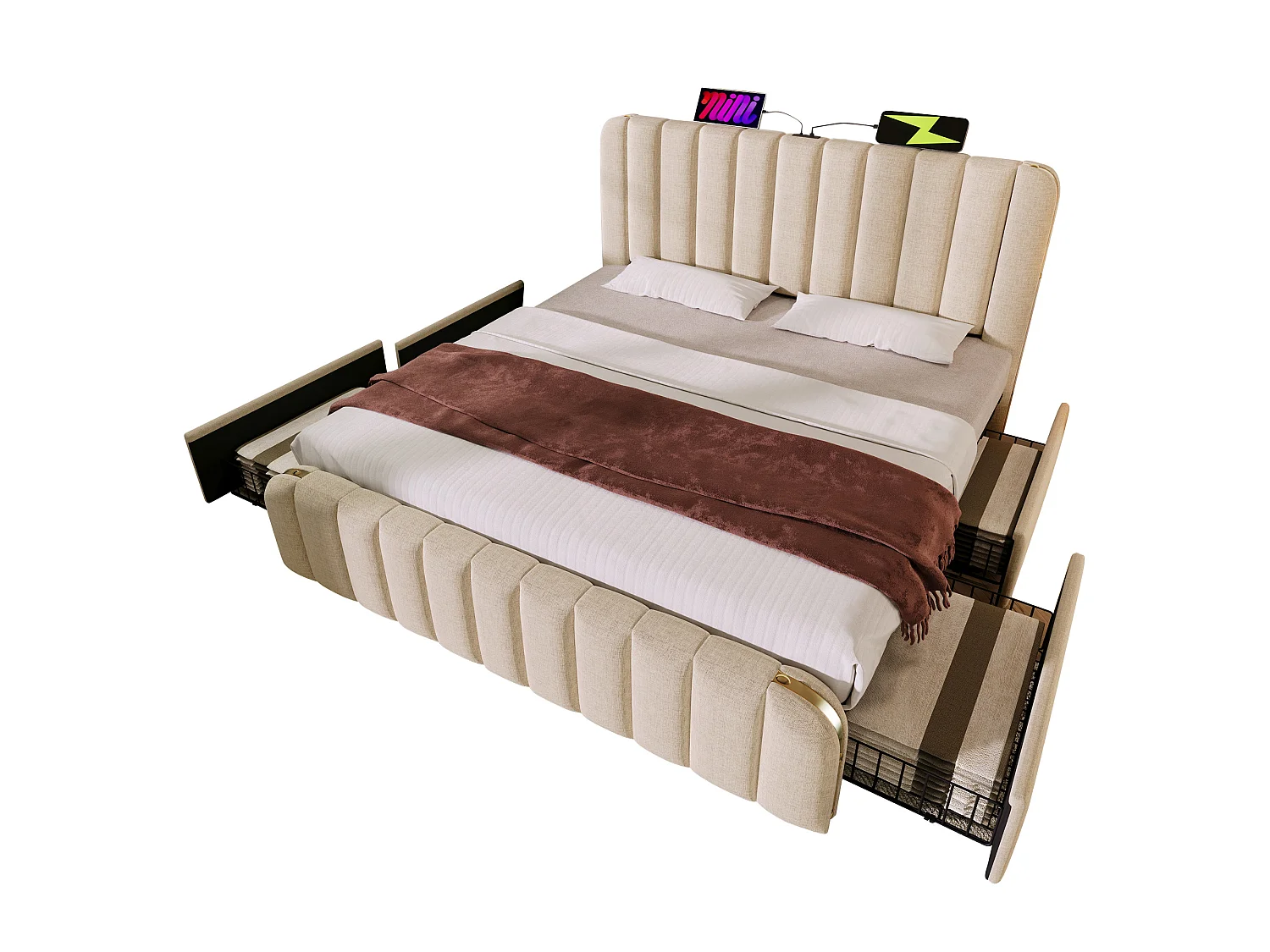 Lit avec tiroirs 140x190cm en tissu lin - avec recharge USB & Type-C - décoré de bandes dorées - Beige (sans matelas)