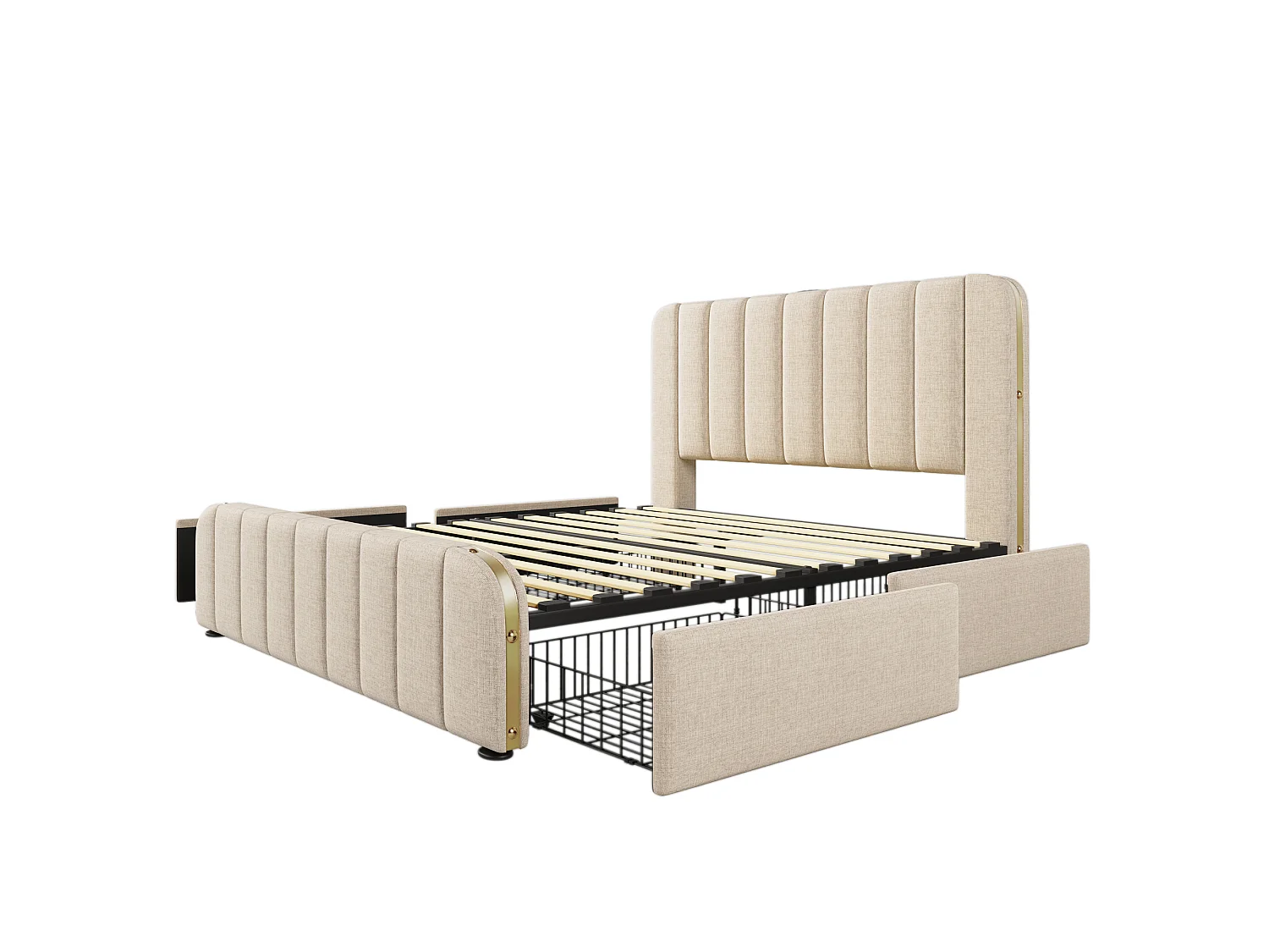 Lit avec tiroirs 140x190cm en tissu lin - avec recharge USB & Type-C - décoré de bandes dorées - Beige (sans matelas)