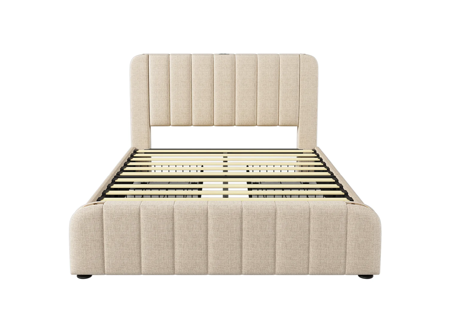Lit avec tiroirs 140x190cm en tissu lin - avec recharge USB & Type-C - décoré de bandes dorées - Beige (sans matelas)
