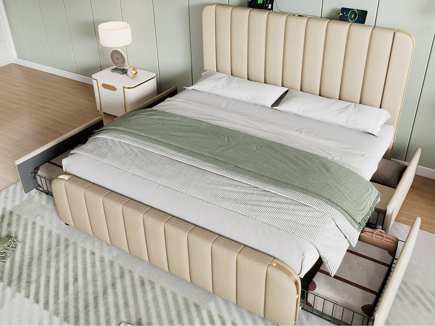 Lit avec tiroirs 140x190cm en tissu lin - avec recharge USB & Type-C - décoré de bandes dorées - Beige (sans matelas)