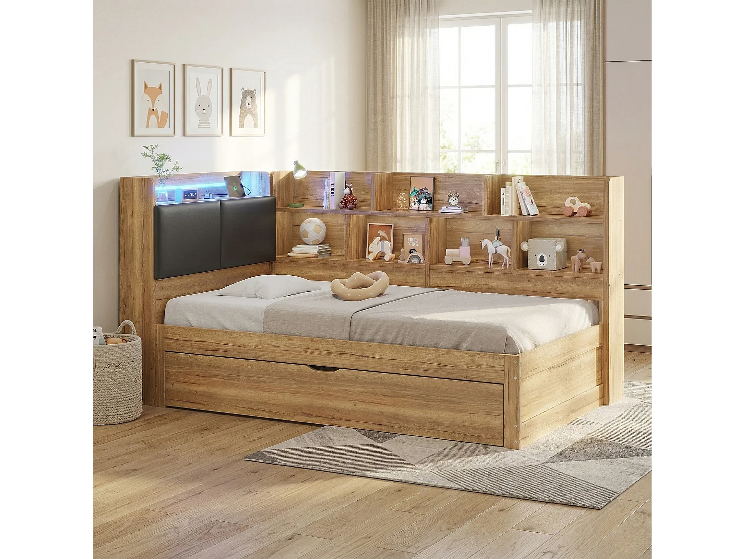 Lit banquette 90 x 200 cm avec lit gigogne 90 x 190 cm - Lit enfant avec LED, ports USB - Couleur bois
