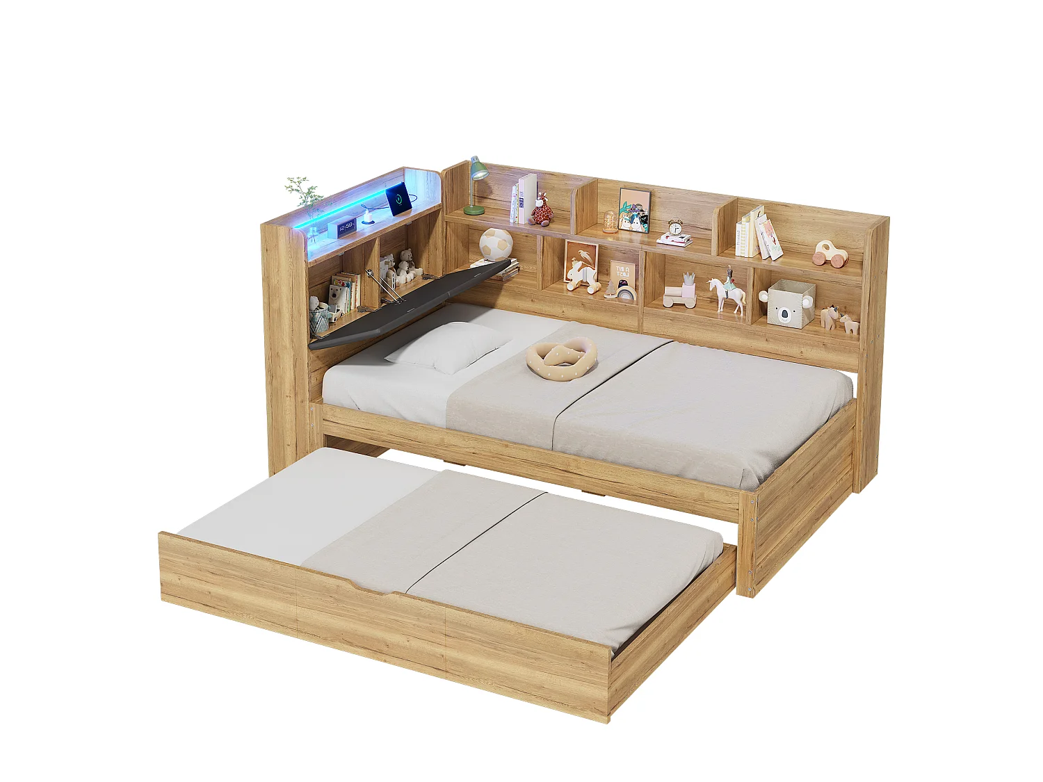 Lit banquette 90 x 200 cm avec lit gigogne 90 x 190 cm - Lit enfant avec LED, ports USB - Couleur bois