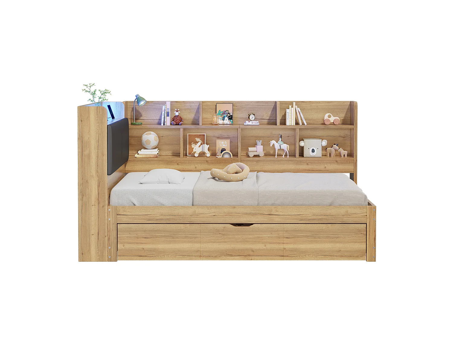 Lit banquette 90 x 200 cm avec lit gigogne 90 x 190 cm - Lit enfant avec LED, ports USB - Couleur bois