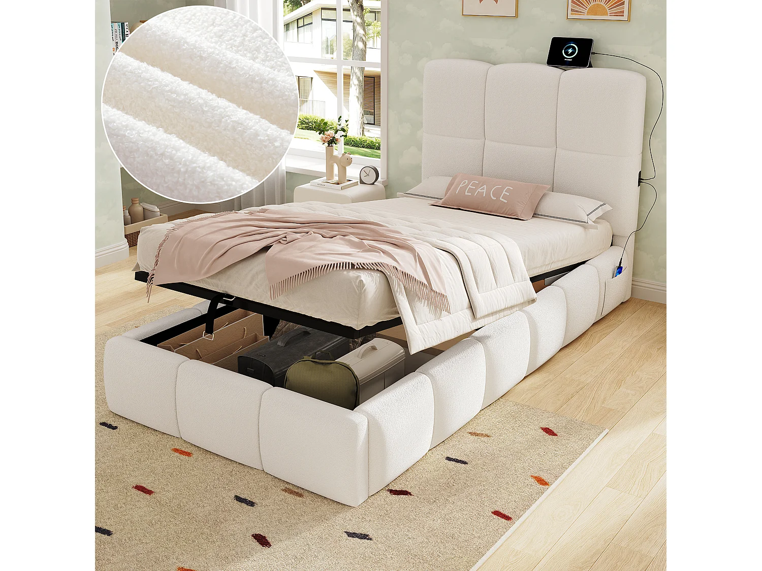 Gepolstertes Kinderbett mit Stauraum 90x200 cm - Mit gepolstertem Kopfteil - Mit USB-Anschluss - Bouclé-Stoff - Beige (ohne Matratze)