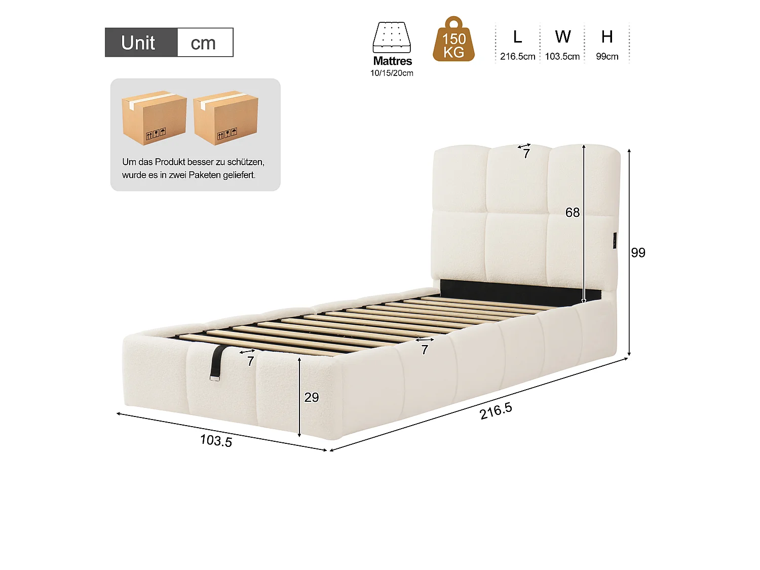 Gepolstertes Kinderbett mit Stauraum 90x200 cm - Mit gepolstertem Kopfteil - Mit USB-Anschluss - Bouclé-Stoff - Beige (ohne Matratze)