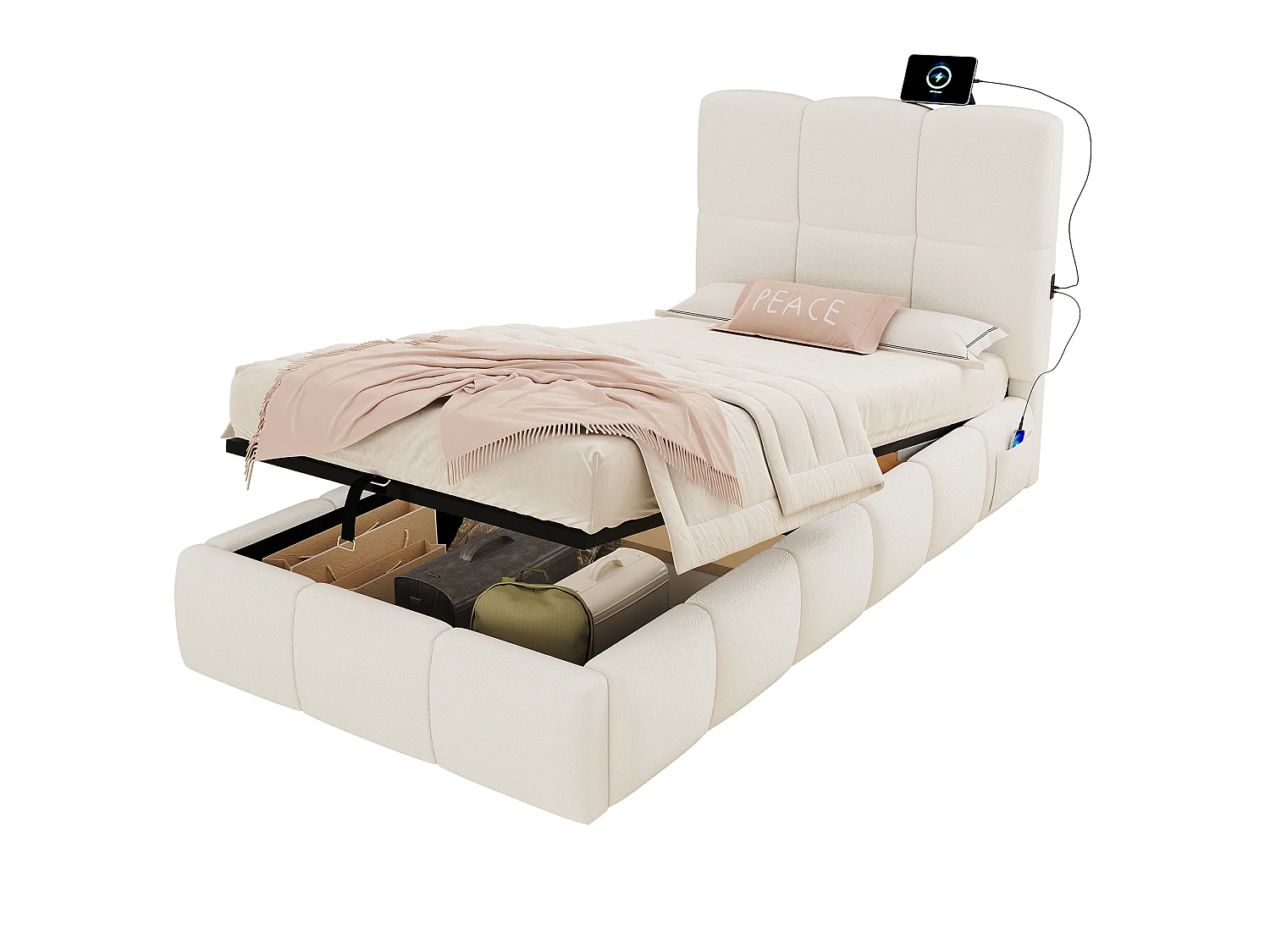 Gepolstertes Kinderbett mit Stauraum 90x200 cm - Mit gepolstertem Kopfteil - Mit USB-Anschluss - Bouclé-Stoff - Beige (ohne Matratze)
