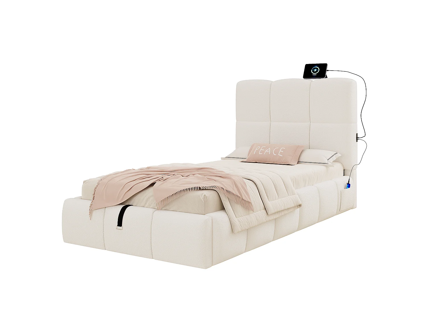 Gepolstertes Kinderbett mit Stauraum 90x200 cm - Mit gepolstertem Kopfteil - Mit USB-Anschluss - Bouclé-Stoff - Beige (ohne Matratze)