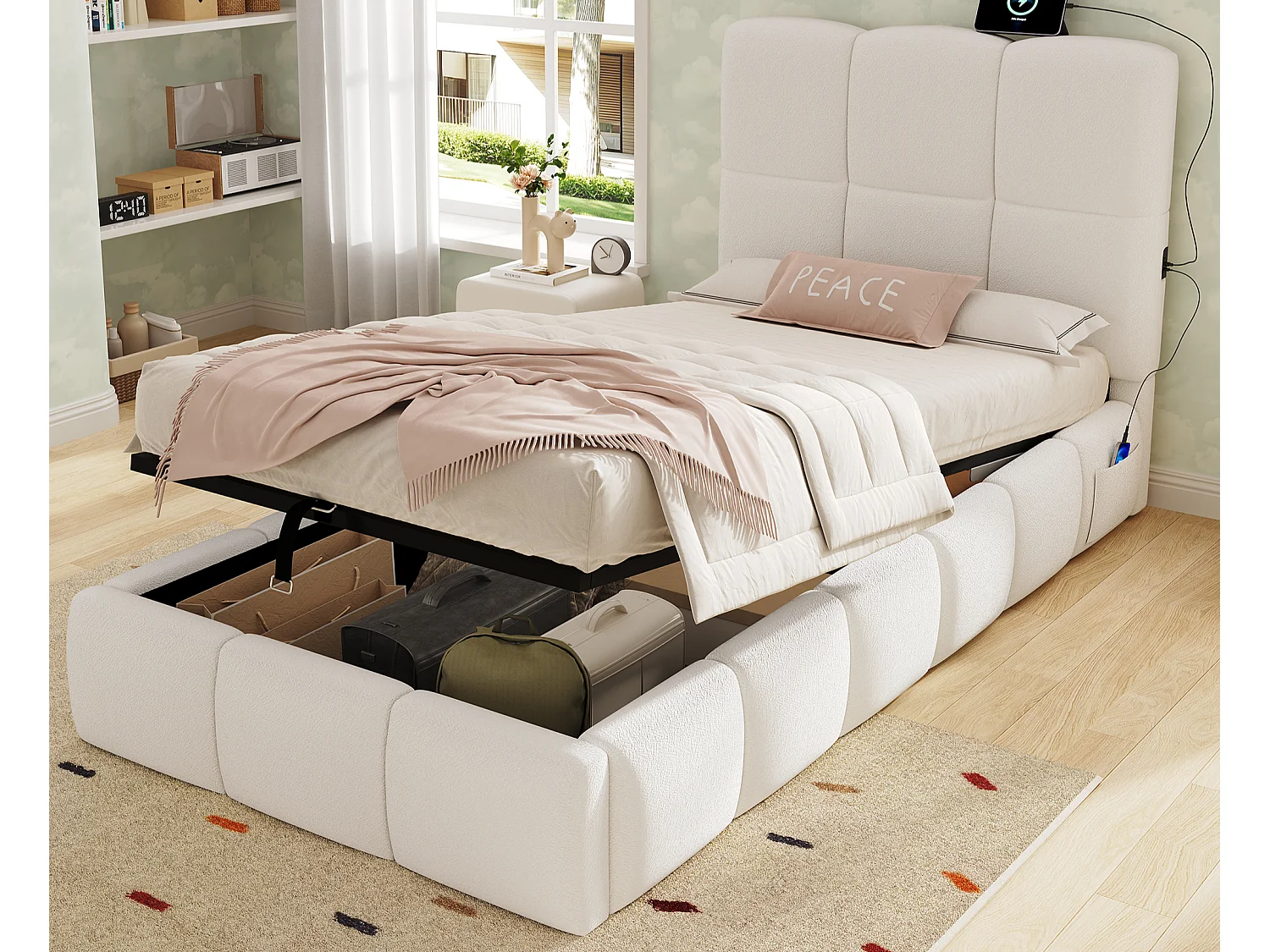 Gepolstertes Kinderbett mit Stauraum 90x200 cm - Mit gepolstertem Kopfteil - Mit USB-Anschluss - Bouclé-Stoff - Beige (ohne Matratze)