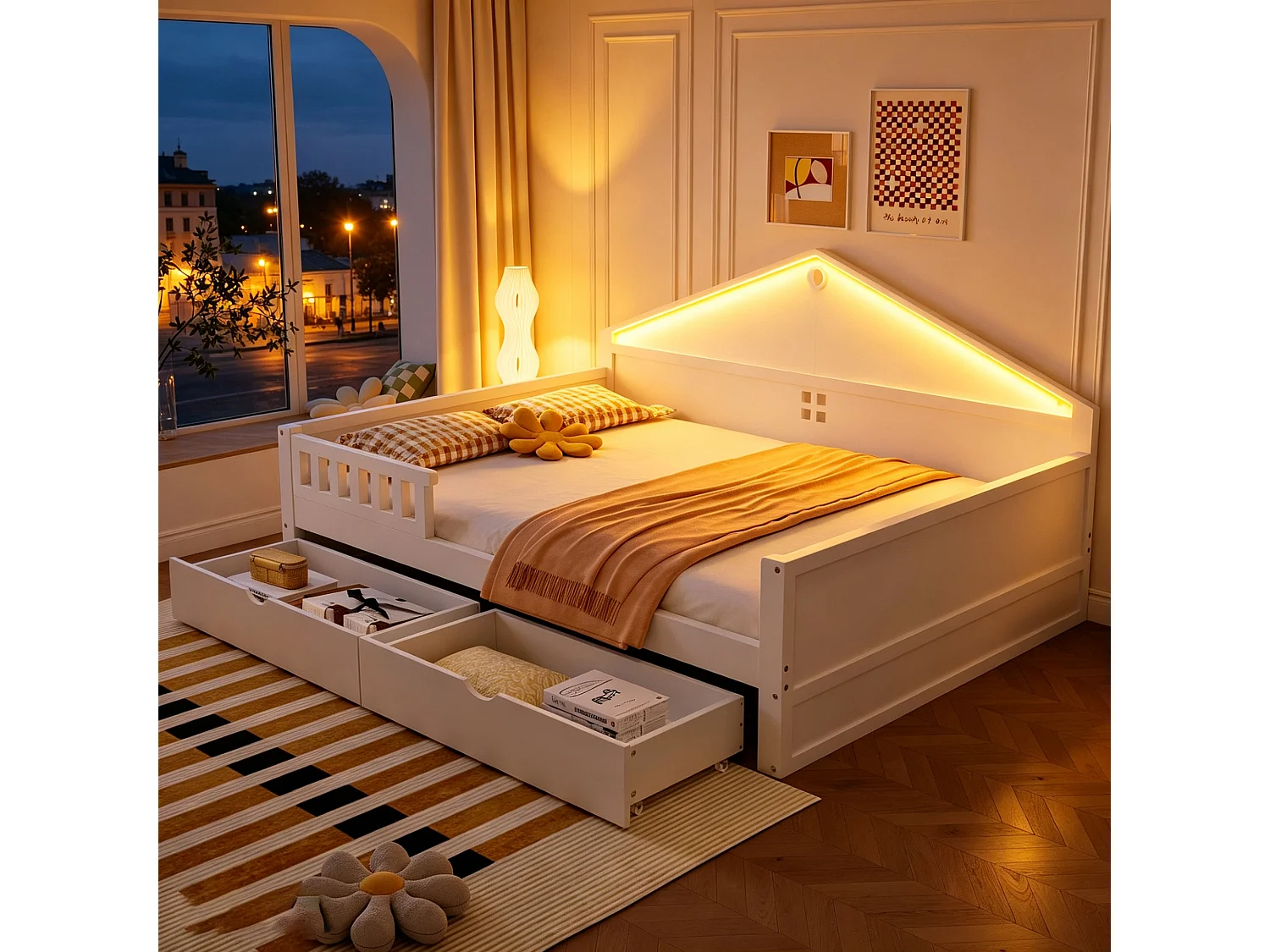 Lit enfant 140×200 cm - avec lumière LED - avec 2 tiroirs - sommier à lattes - blanc (matelas non inclus)