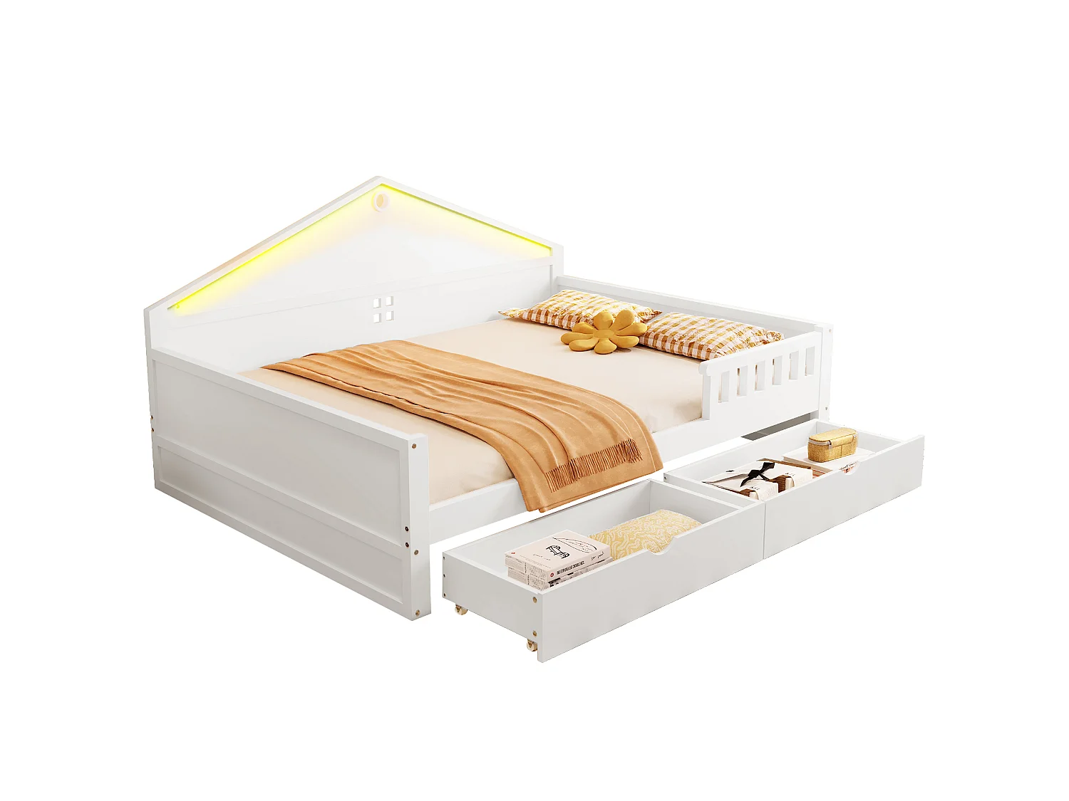 Lit enfant 140×200 cm - avec lumière LED - avec 2 tiroirs - sommier à lattes - blanc (matelas non inclus)