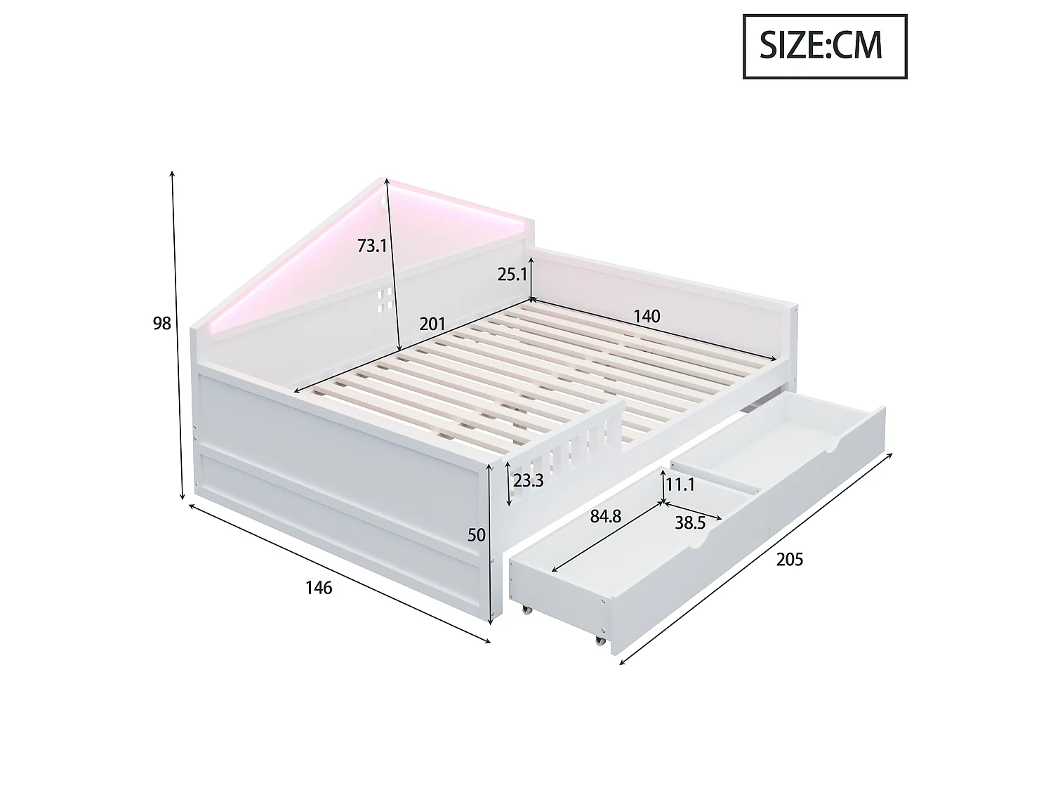 Lit enfant 140×200 cm - avec lumière LED - avec 2 tiroirs - sommier à lattes - blanc (matelas non inclus)