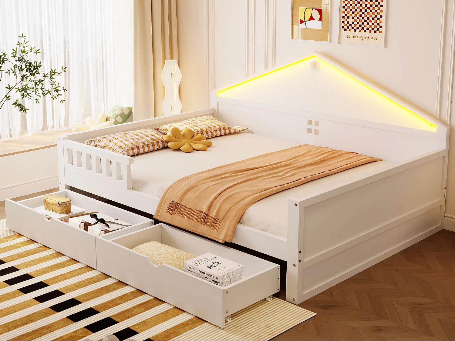 Lit enfant 140×200 cm - avec lumière LED - avec 2 tiroirs - sommier à lattes - blanc (matelas non inclus)