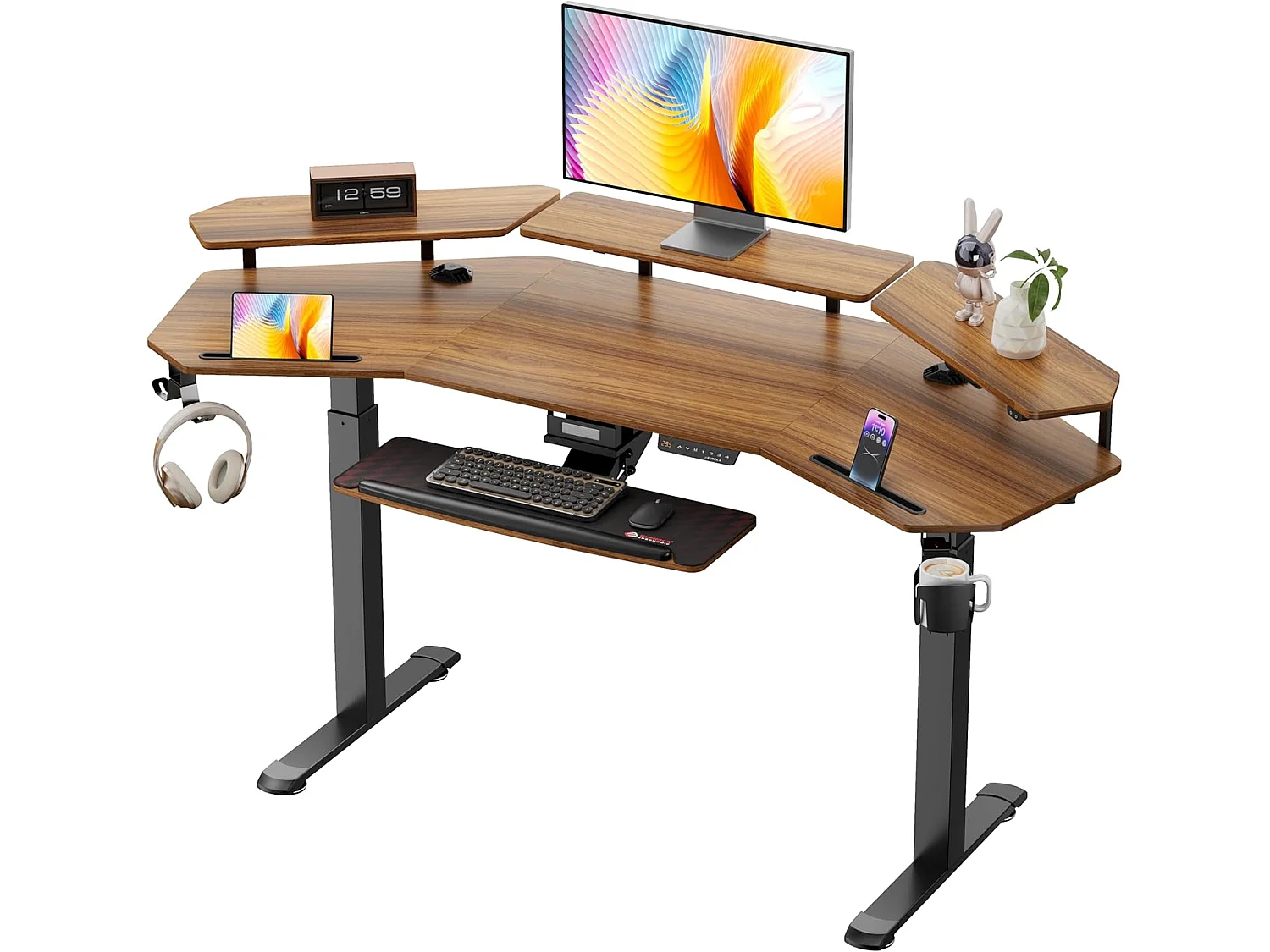 Hauteur bureau réglable 182×76cm, bureau gaming aile double moteur, LED, support écran & repose-clavier