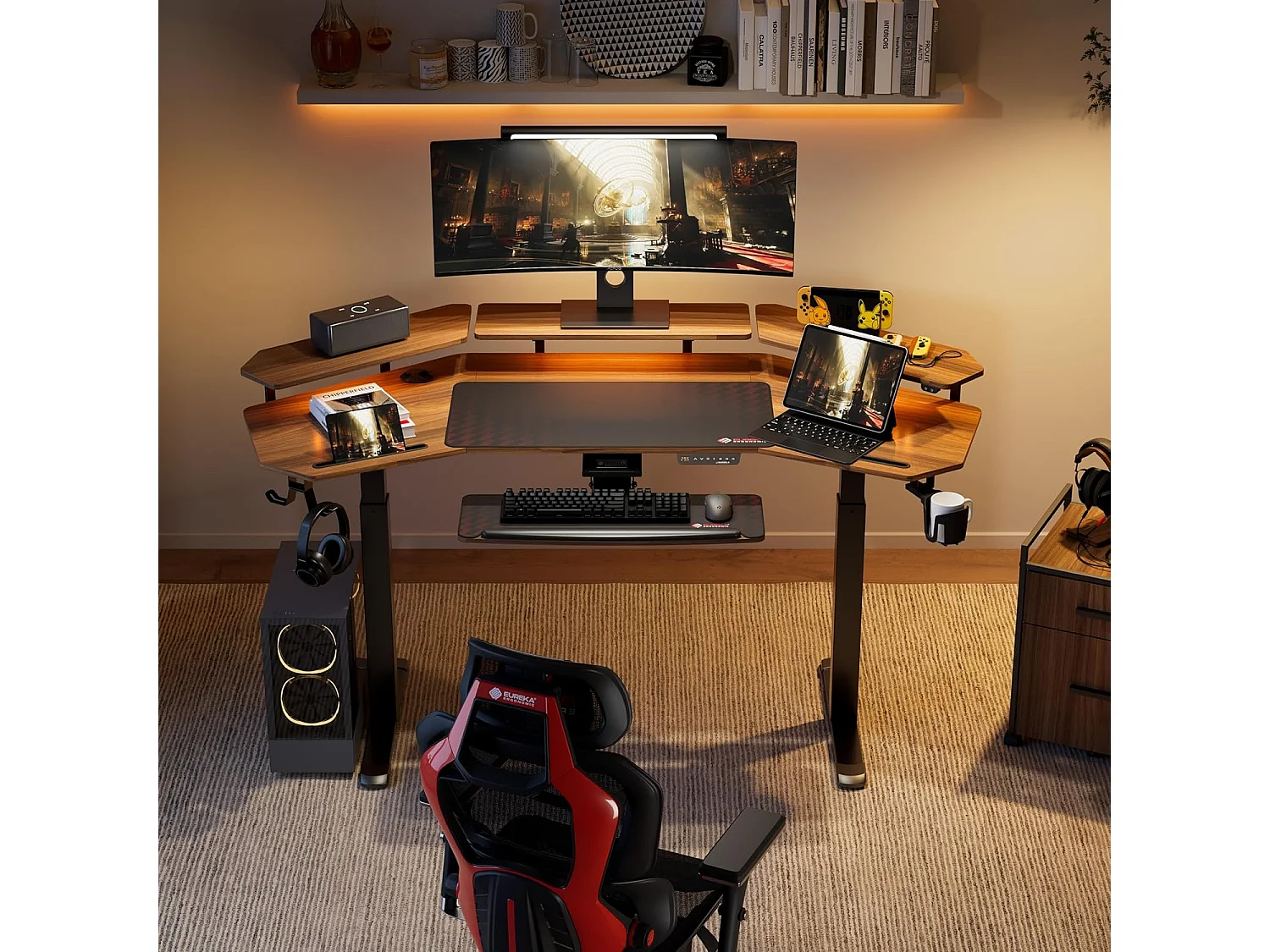 Hauteur bureau réglable 182×76cm, bureau gaming aile double moteur, LED, support écran & repose-clavier