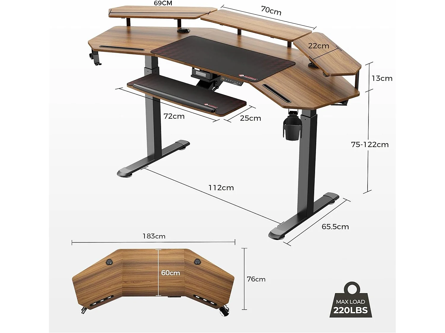 Hauteur bureau réglable 182×76cm, bureau gaming aile double moteur, LED, support écran & repose-clavier