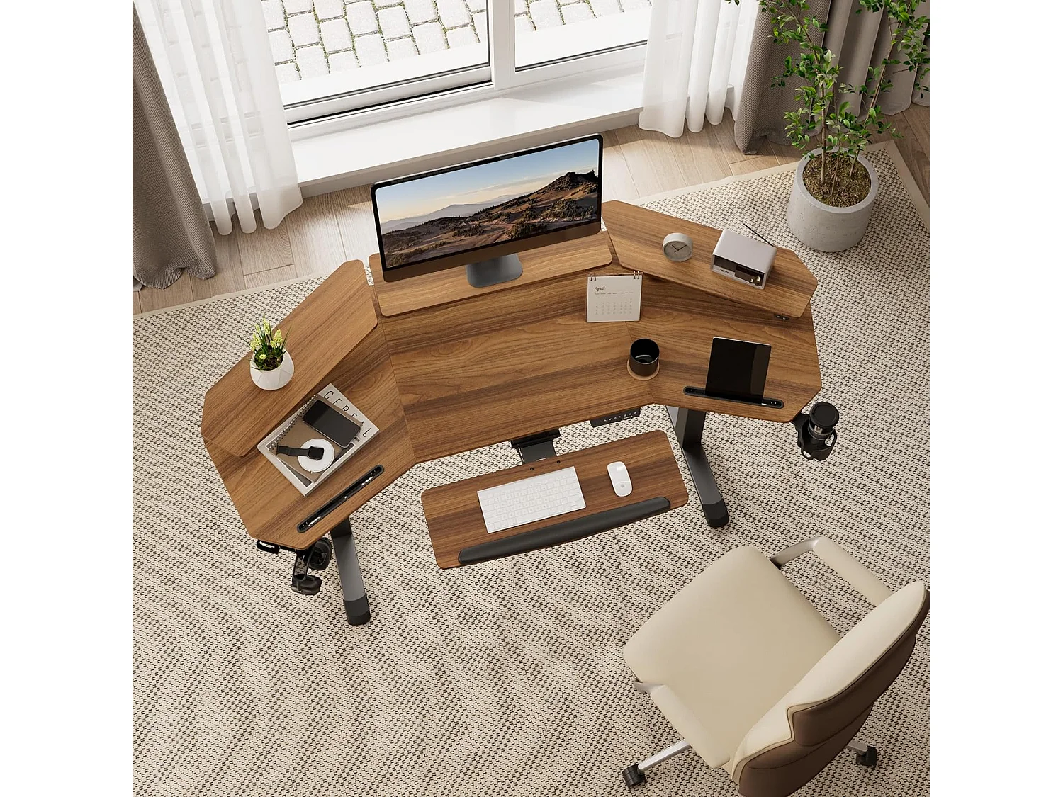 Hauteur bureau réglable 182×76cm, bureau gaming aile double moteur, LED, support écran & repose-clavier