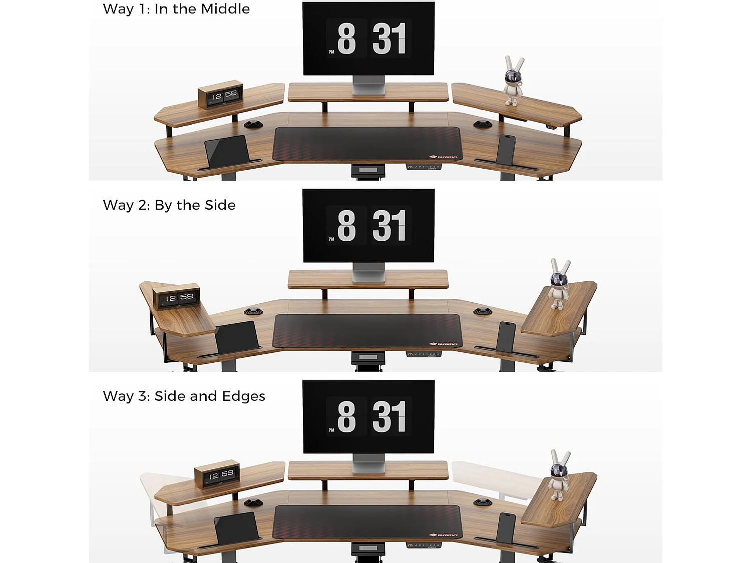 Hauteur bureau réglable 182×76cm, bureau gaming aile double moteur, LED, support écran & repose-clavier