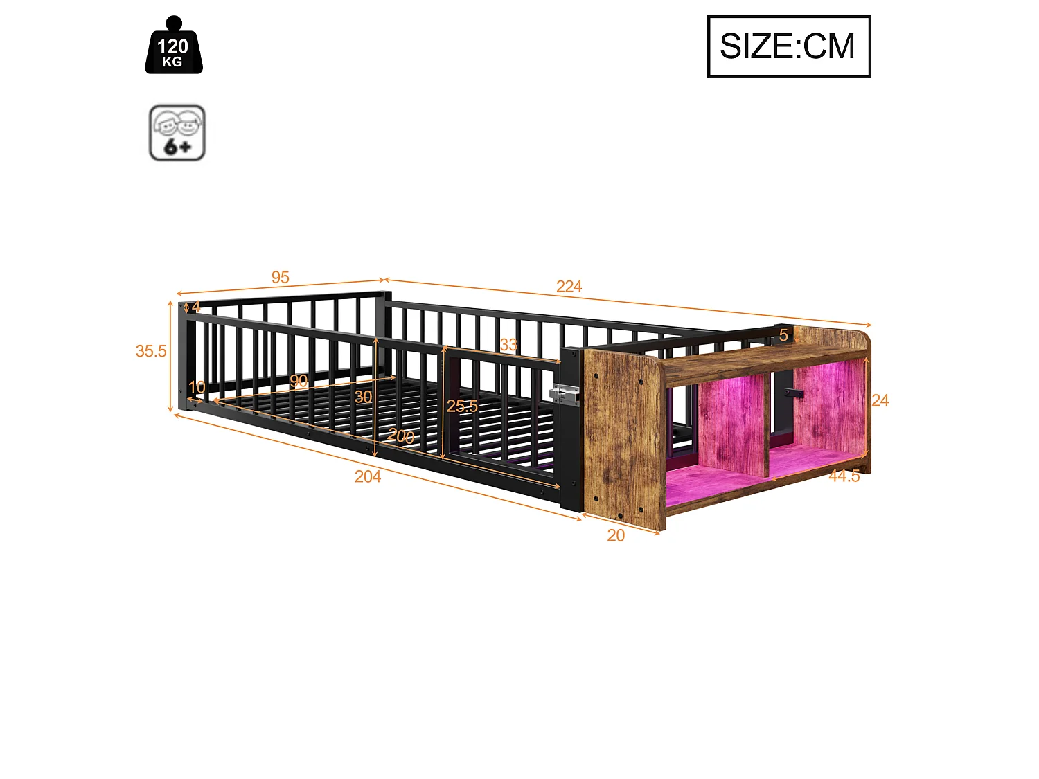Lit enfant en métal 90 x 200 cm avec rangement et LED - Noir