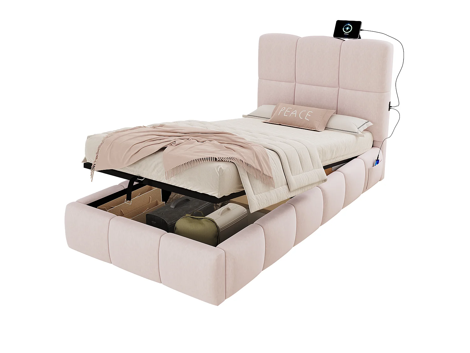 Lit coffre rembourré pour enfant 90x200 cm - Avec tête de lit rembourrée - Avec port USB - Velours - Rose (sans matelas)