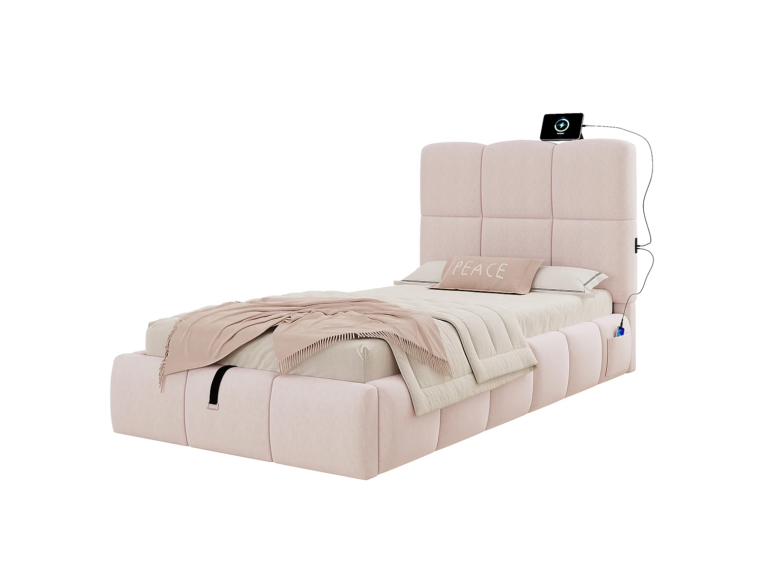 Lit coffre rembourré pour enfant 90x200 cm - Avec tête de lit rembourrée - Avec port USB - Velours - Rose (sans matelas)