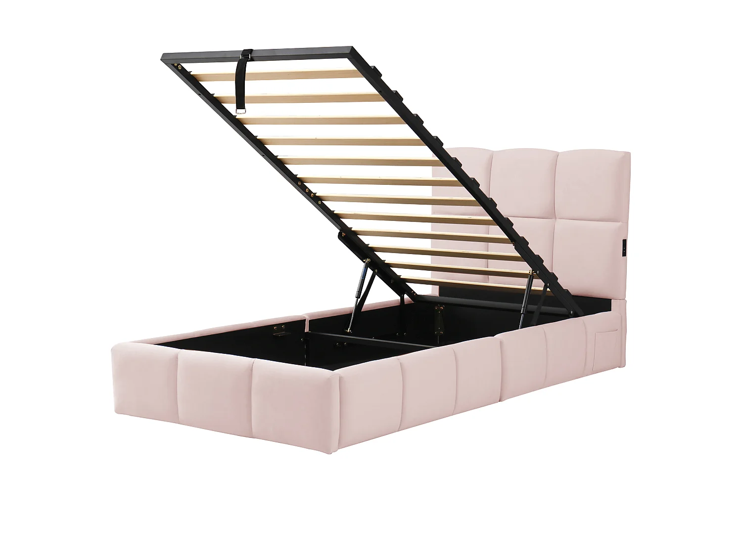 Lit coffre rembourré pour enfant 90x200 cm - Avec tête de lit rembourrée - Avec port USB - Velours - Rose (sans matelas)