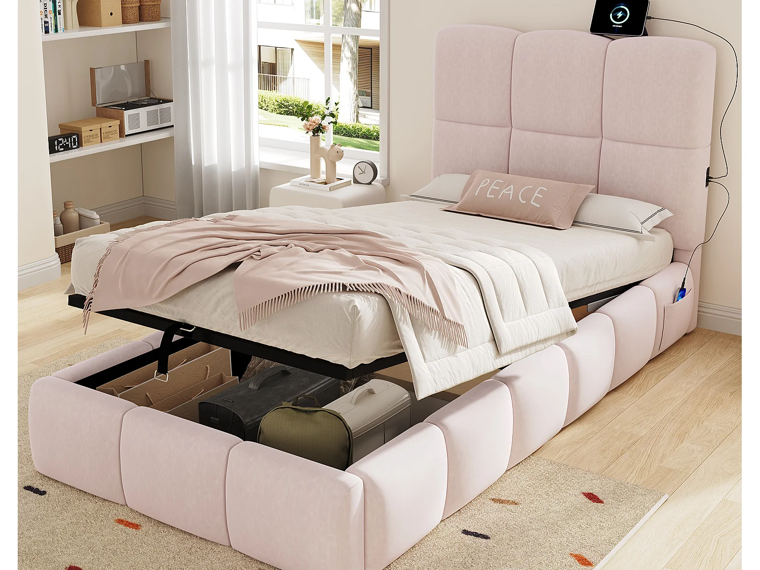 Lit coffre rembourré pour enfant 90x200 cm - Avec tête de lit rembourrée - Avec port USB - Velours - Rose (sans matelas)