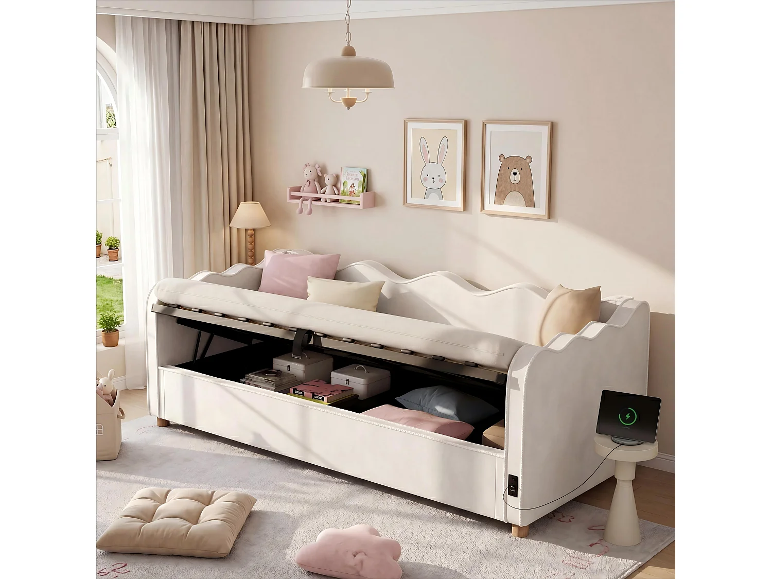 Polsterbettsofa mit Stauraum 90x200 cm - mit USB-Anschluss und Rückenlehne - Samtstoff - Beige (Matratze nicht enthalten)