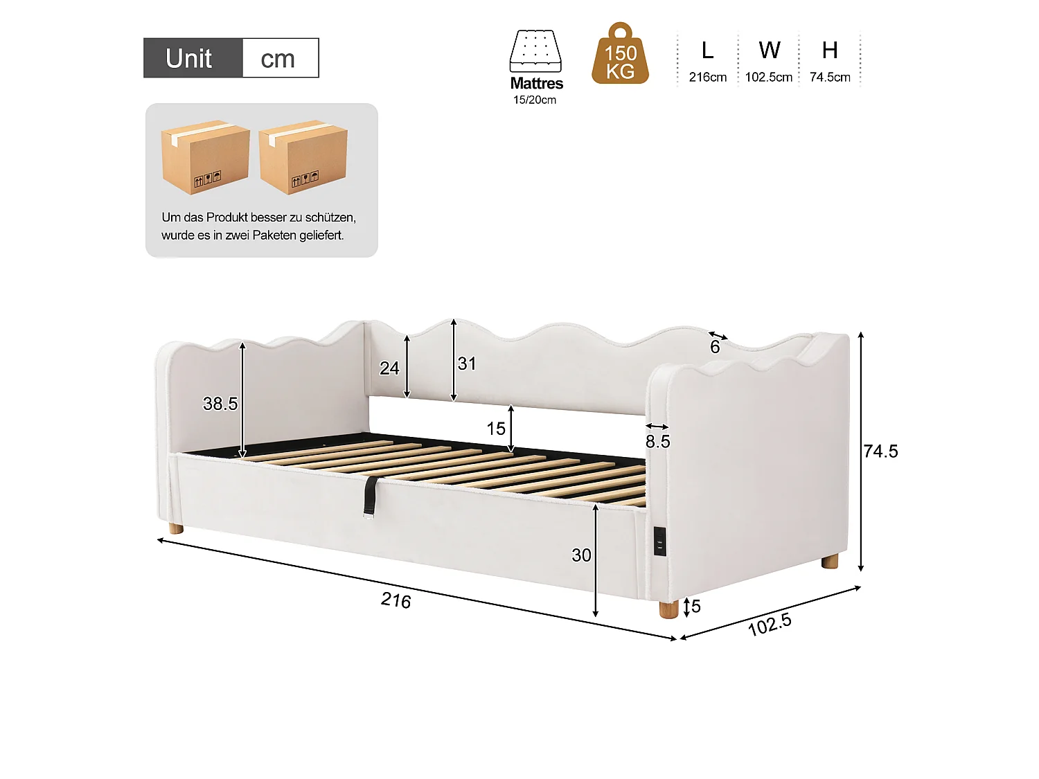 Polsterbettsofa mit Stauraum 90x200 cm - mit USB-Anschluss und Rückenlehne - Samtstoff - Beige (Matratze nicht enthalten)