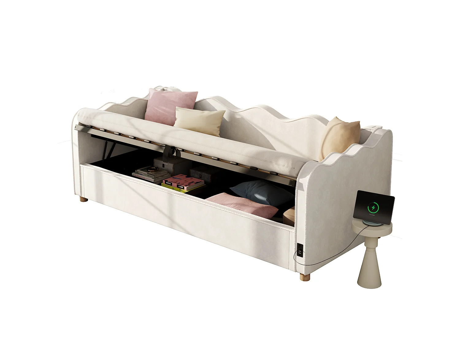 Polsterbettsofa mit Stauraum 90x200 cm - mit USB-Anschluss und Rückenlehne - Samtstoff - Beige (Matratze nicht enthalten)