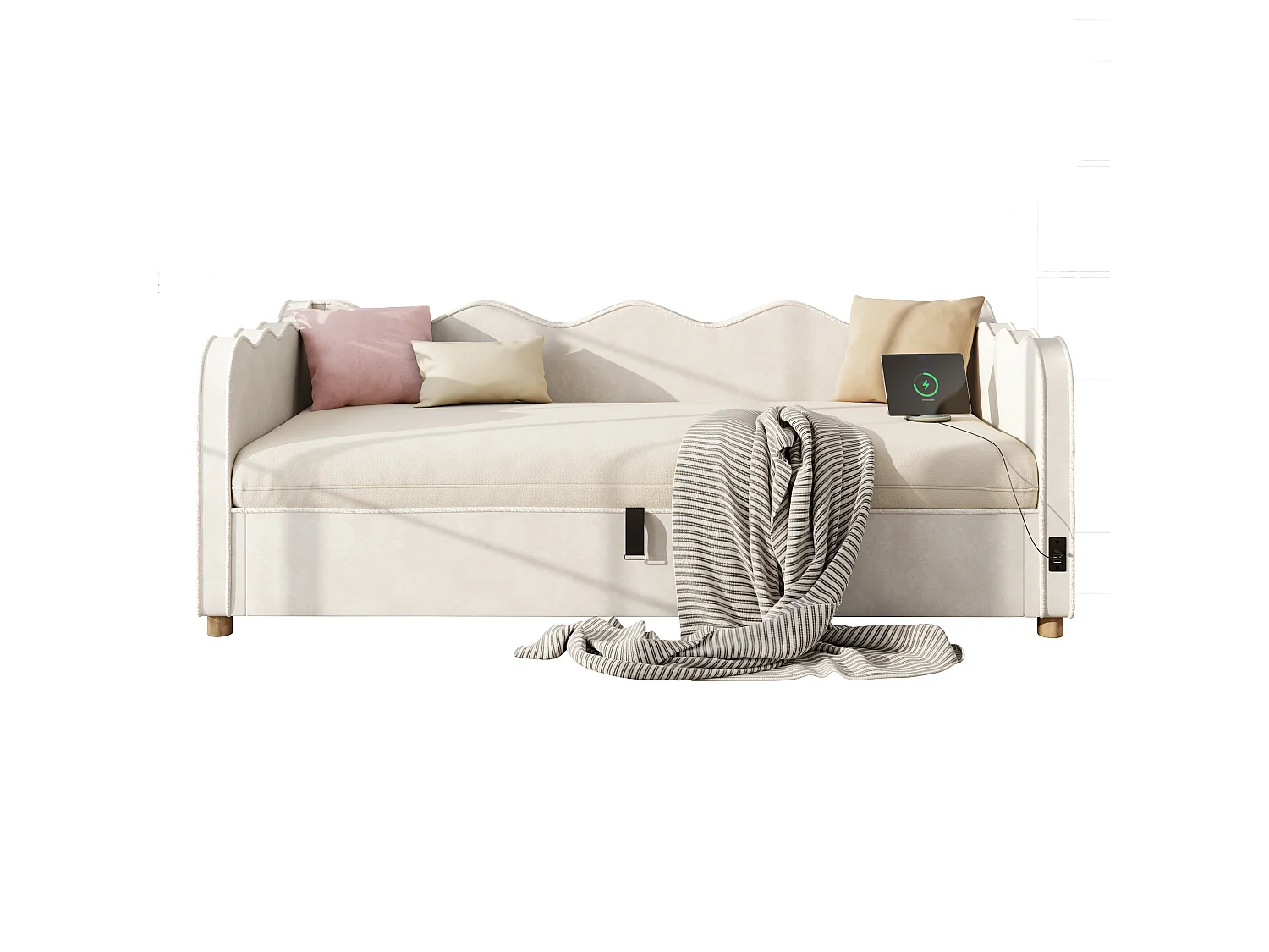 Polsterbettsofa mit Stauraum 90x200 cm - mit USB-Anschluss und Rückenlehne - Samtstoff - Beige (Matratze nicht enthalten)