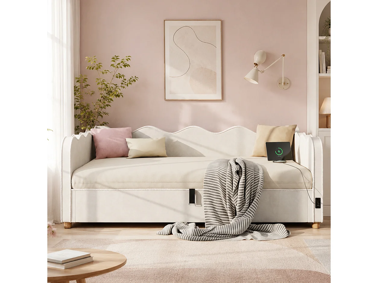 Polstret sovesofa med opbevaringsboks 90x200 cm - med USB-port og rygstøtte - Fløjlsstof - Beige (Madras ikke inkluderet)